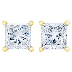 AGS Certified 14K Yellow Gold 3/8 Carat Princess Solitaire Diamond Stud Earrings