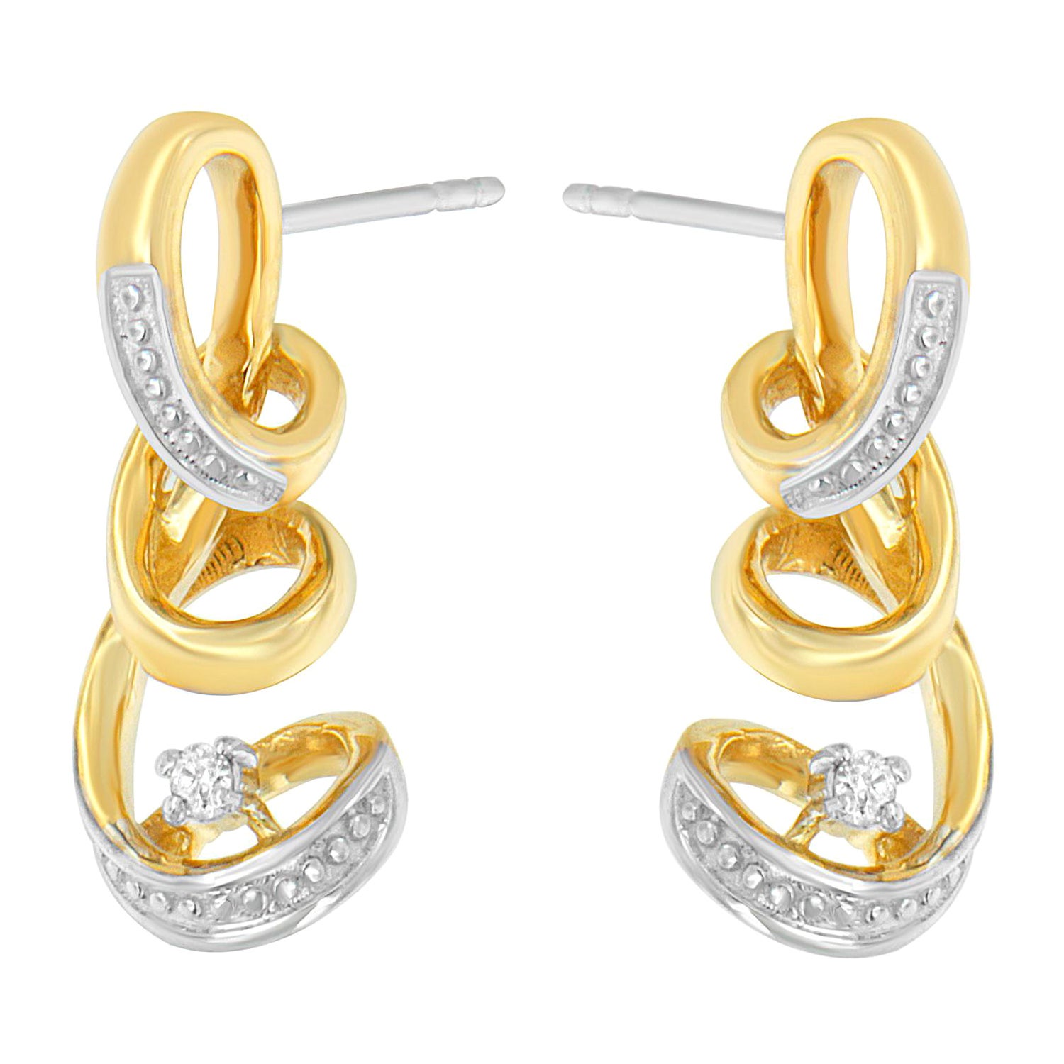 10K Two Tone Gold 1/20 Carat Round Cut Diamond Spiral Earring For Sale