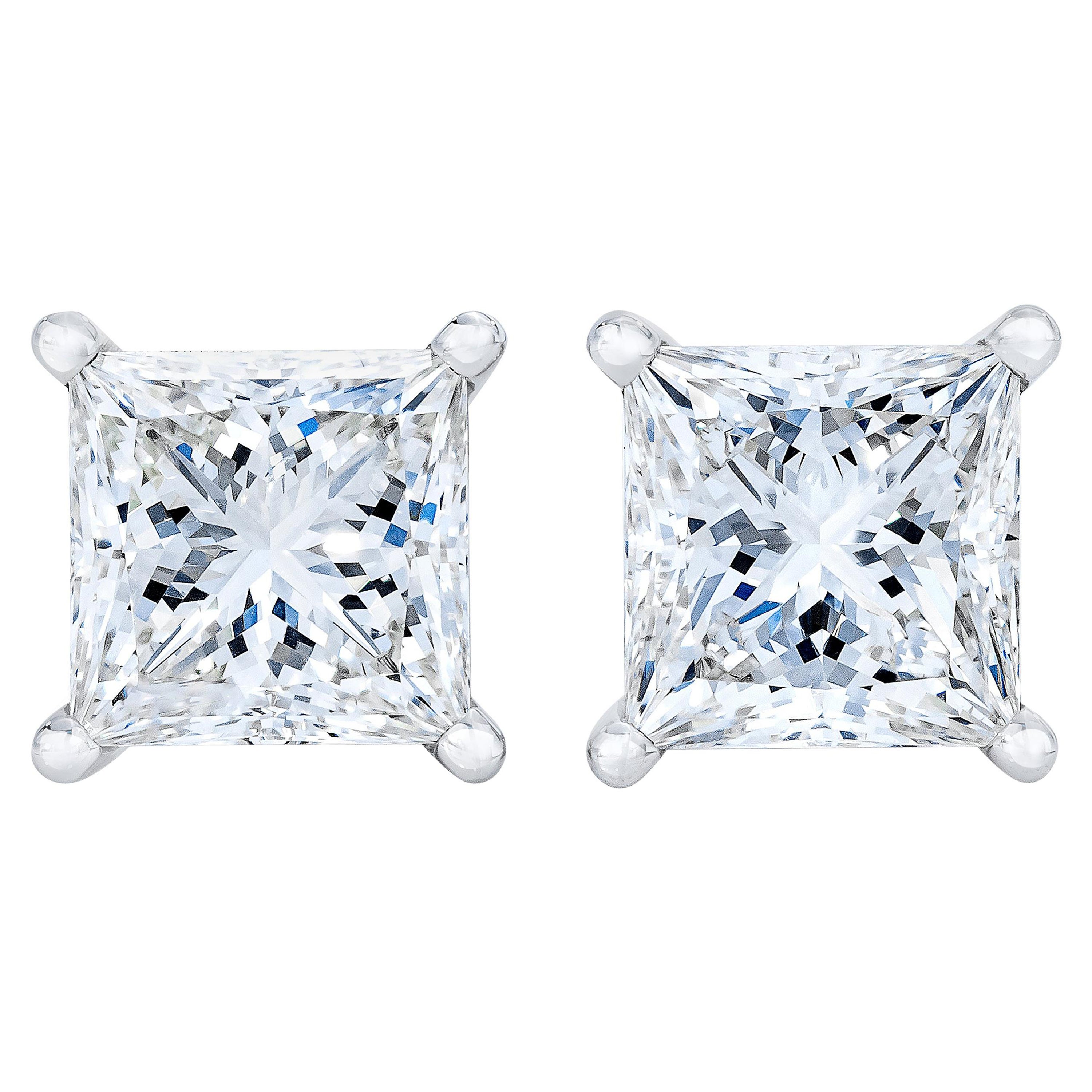 AGS Certified 14K White Gold 3/8 Carat Princess Solitaire Diamond Stud Earrings