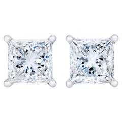 AGS Certified 14K White Gold 3/8 Carat Princess Solitaire Diamond Stud Earrings