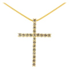 Yellow Gold Plated Sterling Silver 1.00 Carat Diamond Cross Pendant Necklace