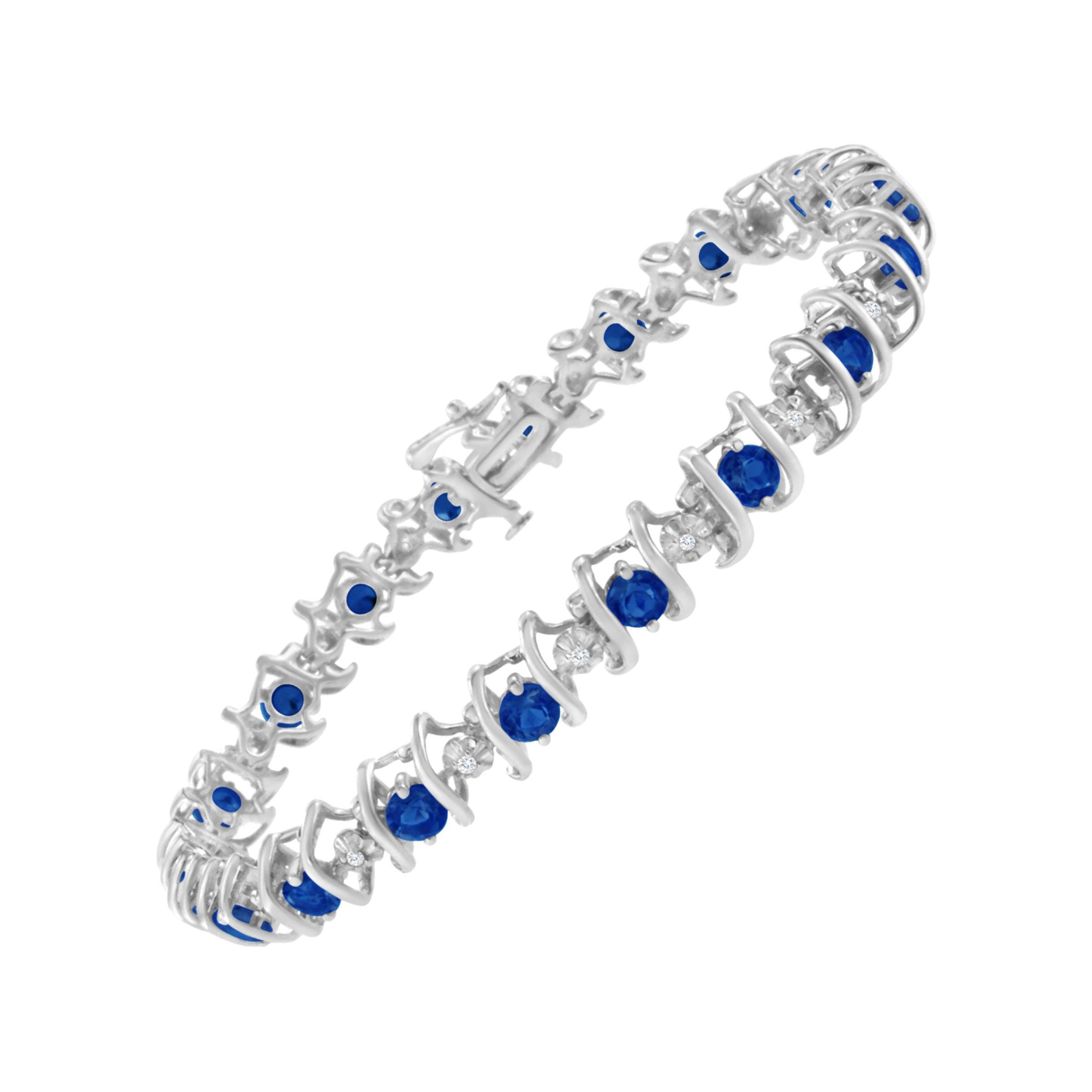 .925 Sterling Silver Blue Sapphire and Diamond S-Link Tennis Bracelet For Sale