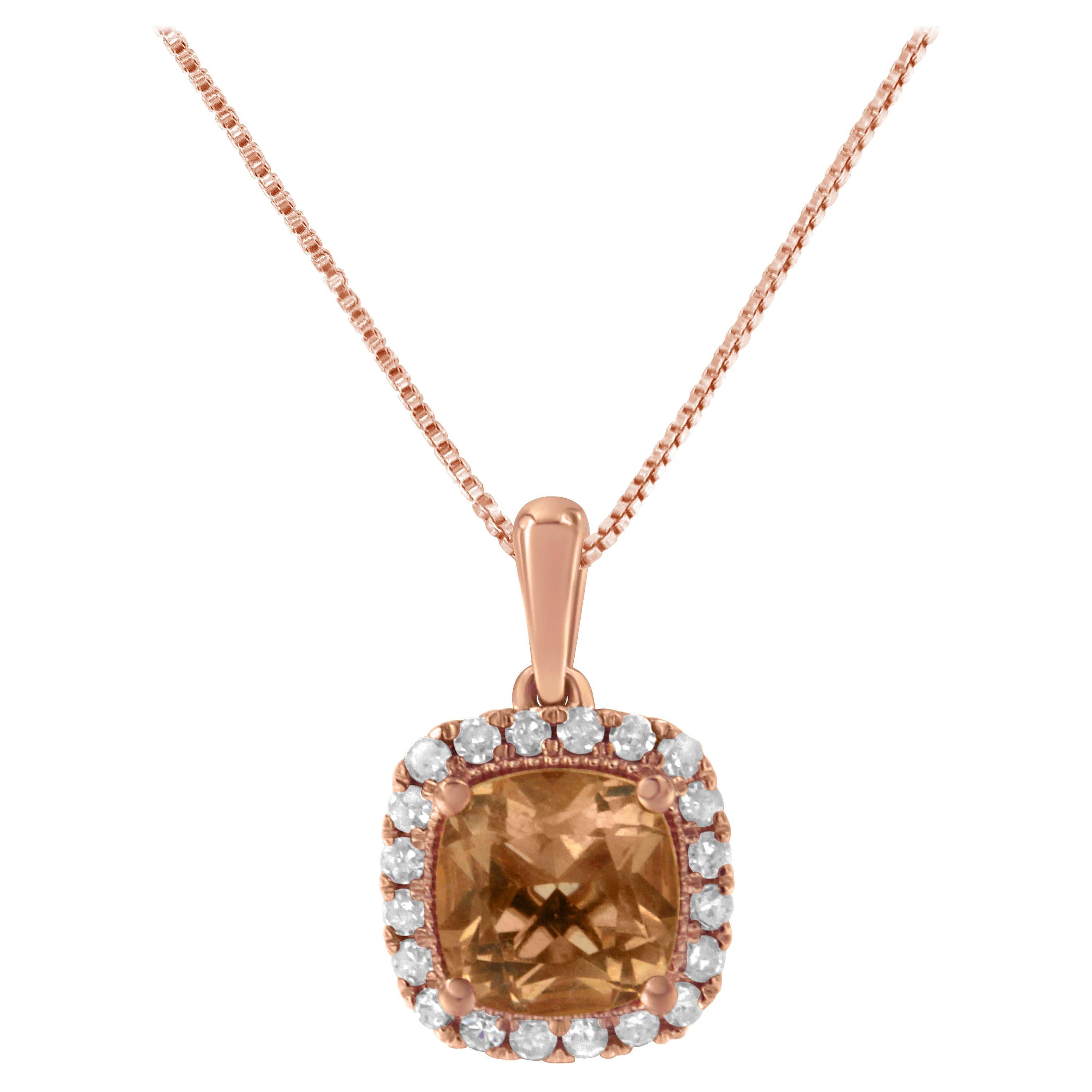 10K Rose Gold 1/4 Carat Diamond and Peach Morganite Gemstone Square Pendant