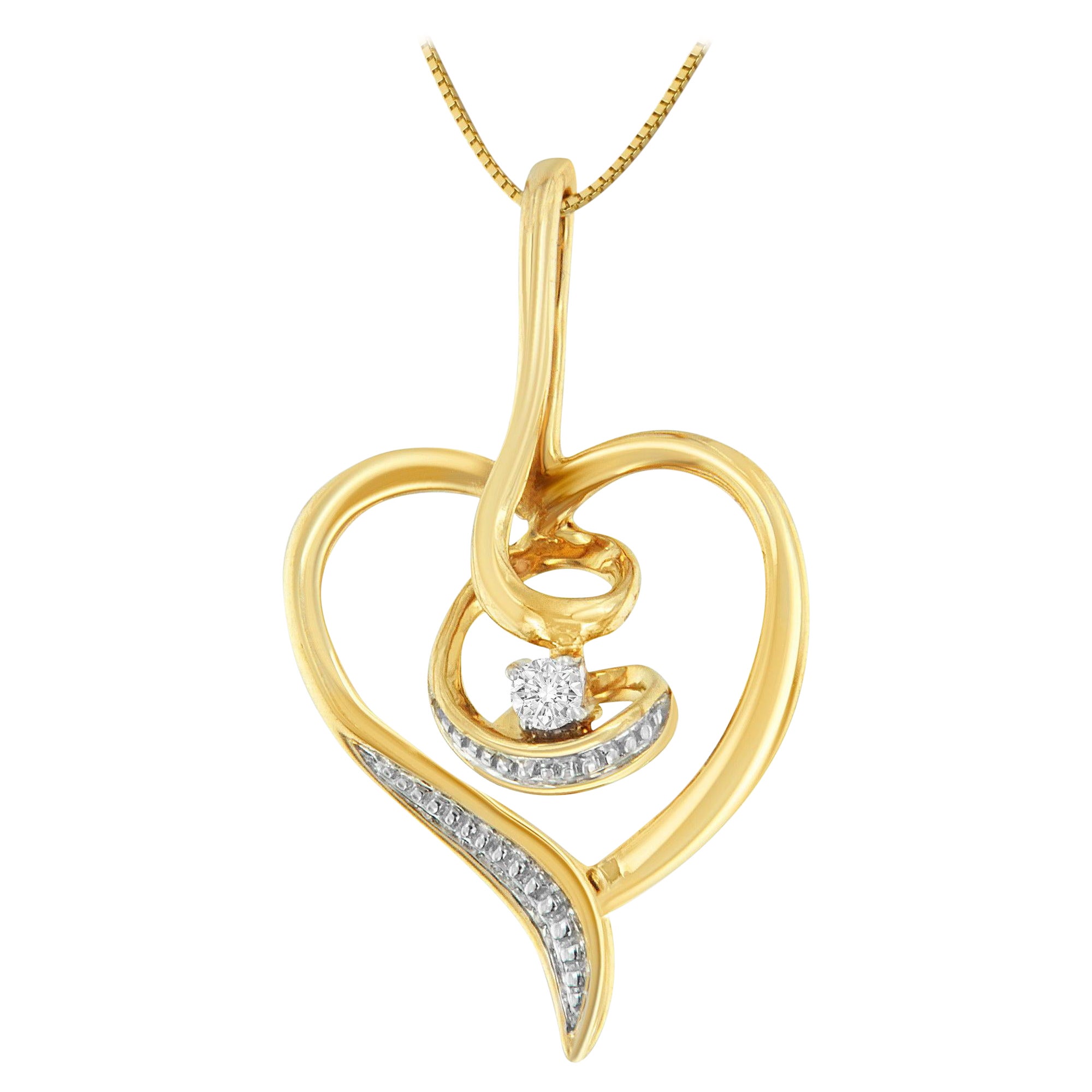 10K Yellow Gold 1/25 Carat Round-Cut Diamond Swirl Heart Pendant Necklace For Sale
