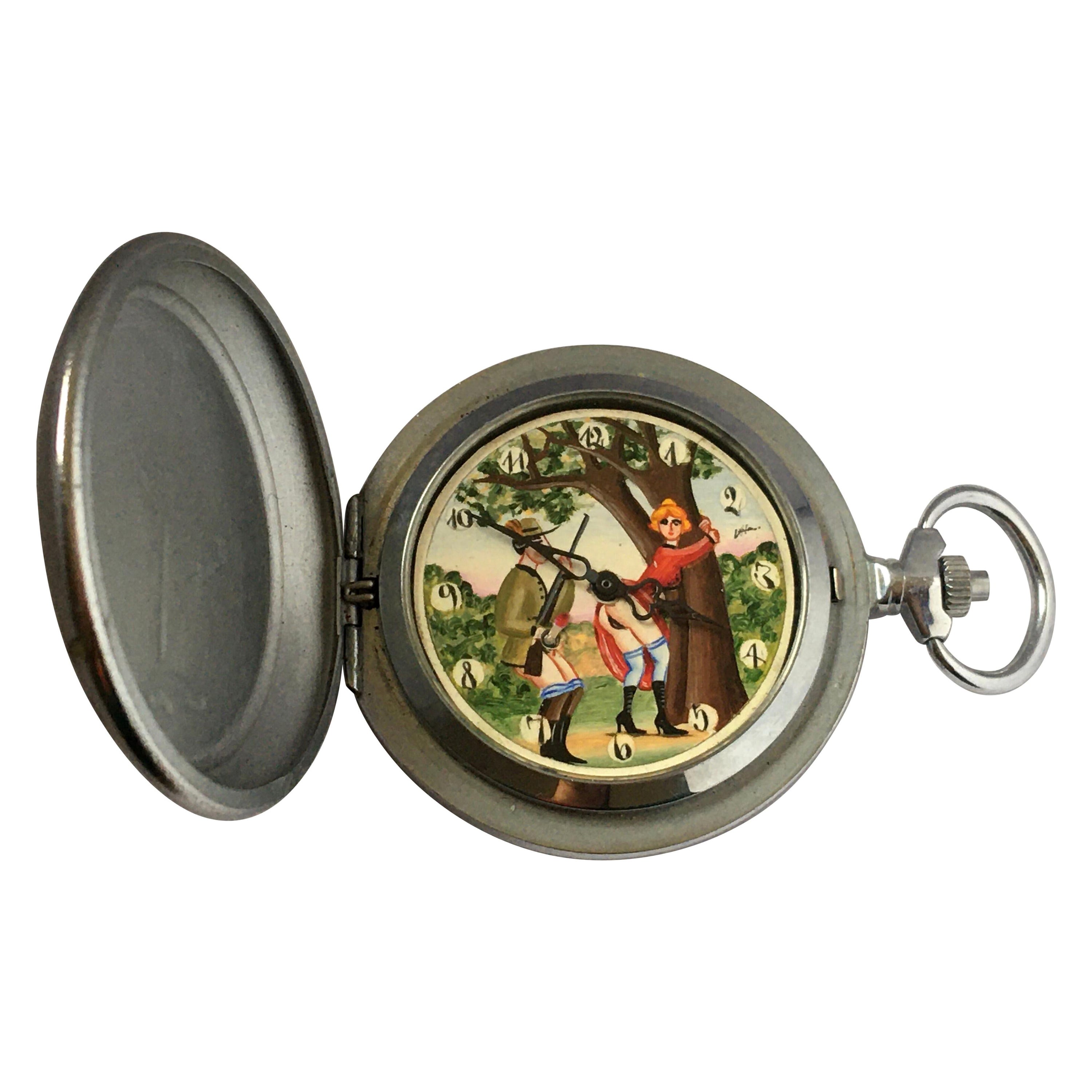 Vintage Base Metal Erotic Hand Winding Automation Pocket Watch For Sale