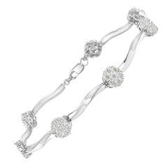 .925 Sterling Silver 1.00 Carat Diamond 7 Stone Floral Cluster Link Bracelet