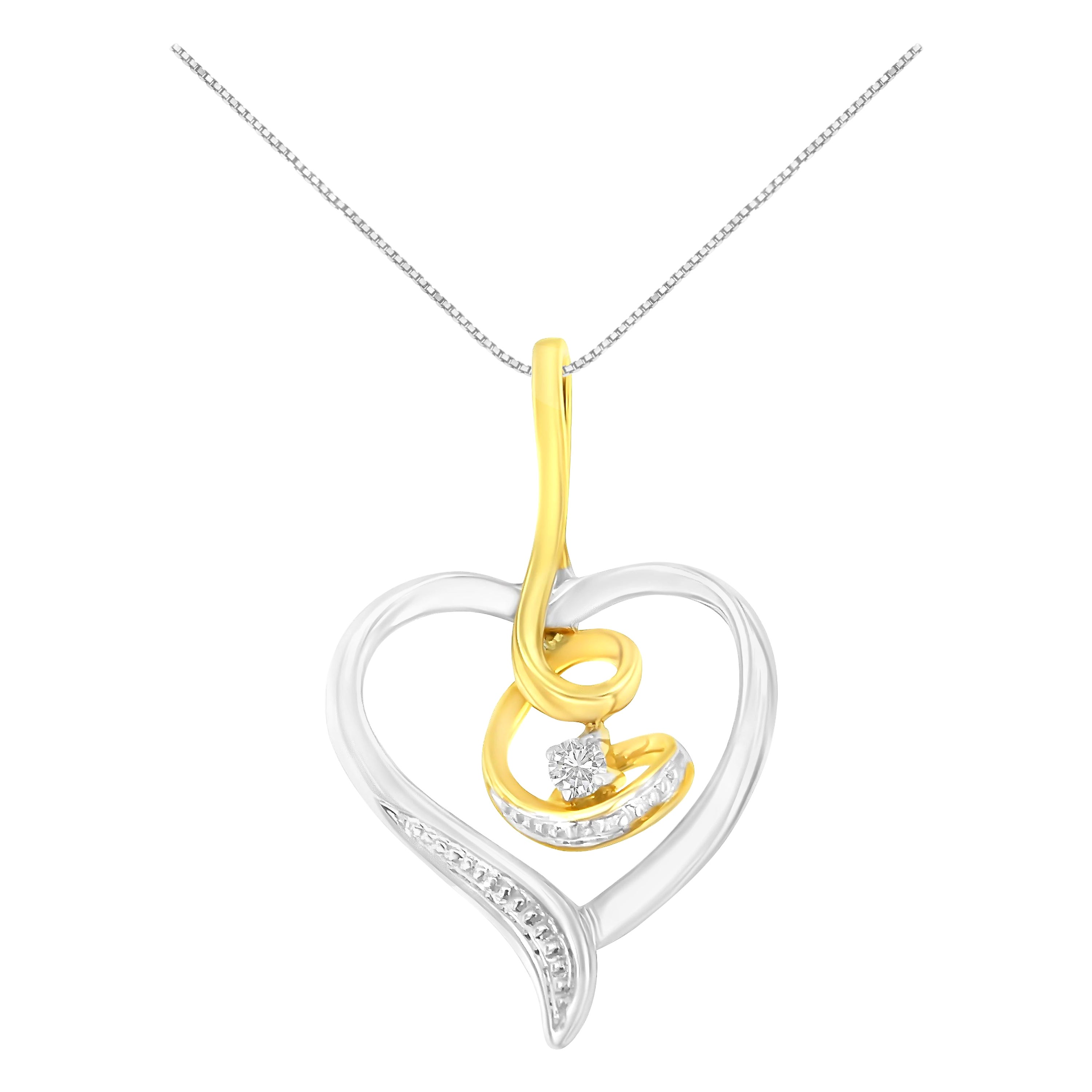 10K Yellow and White Gold 1/25 Carat Heart Diamond Accent Pendant Necklace  For Sale