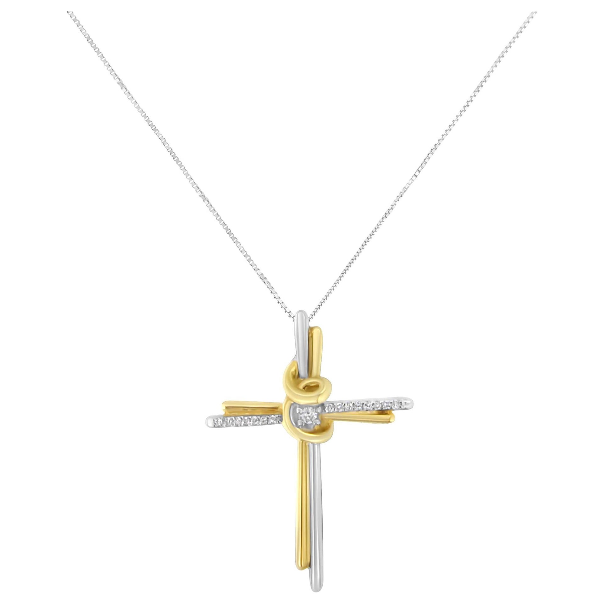 10K Two-Tone Gold Diamond Cross Pendant Necklace For Sale