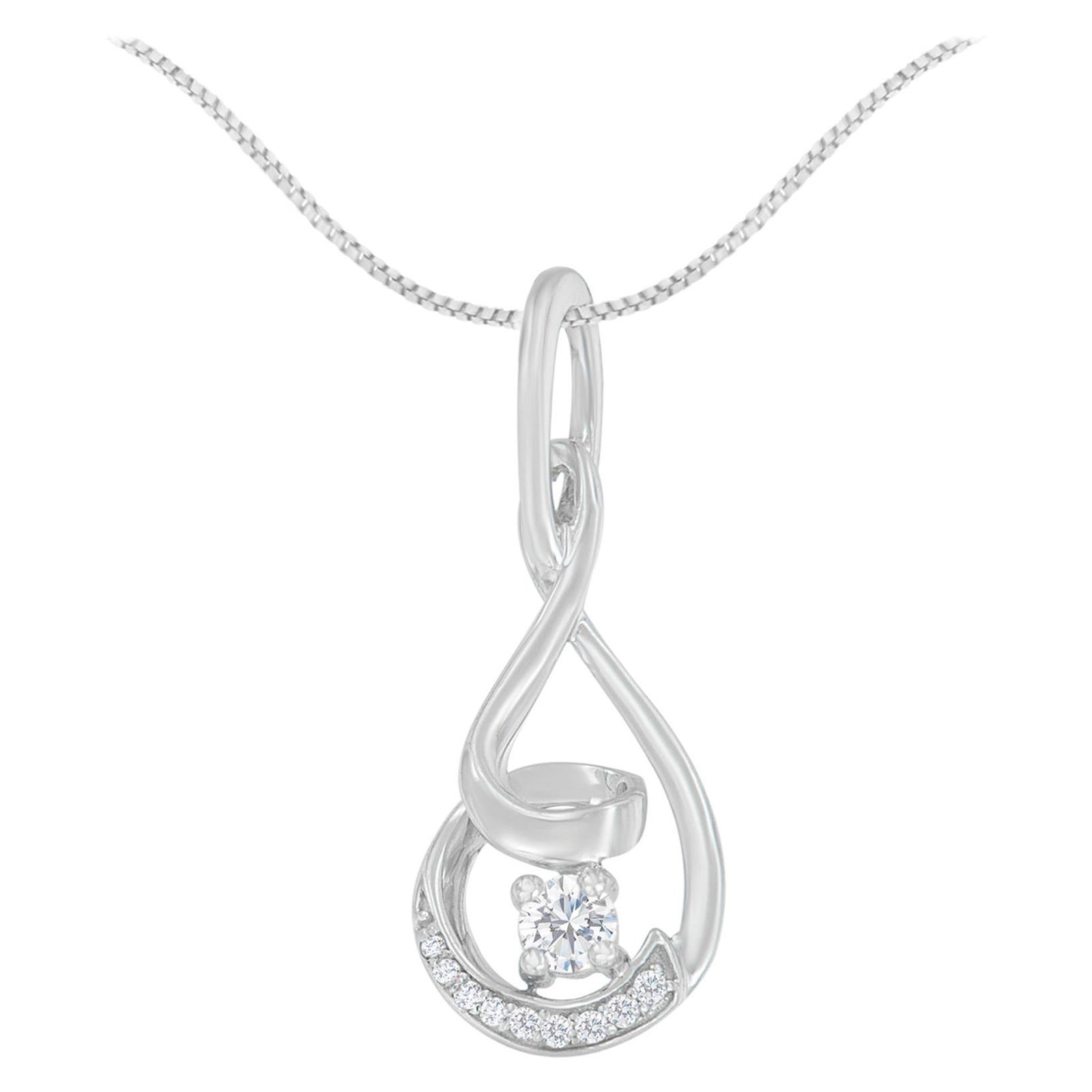 10K White Gold 1/4 Carat Round Cut Diamond Spiral Link Pendant Necklace For Sale