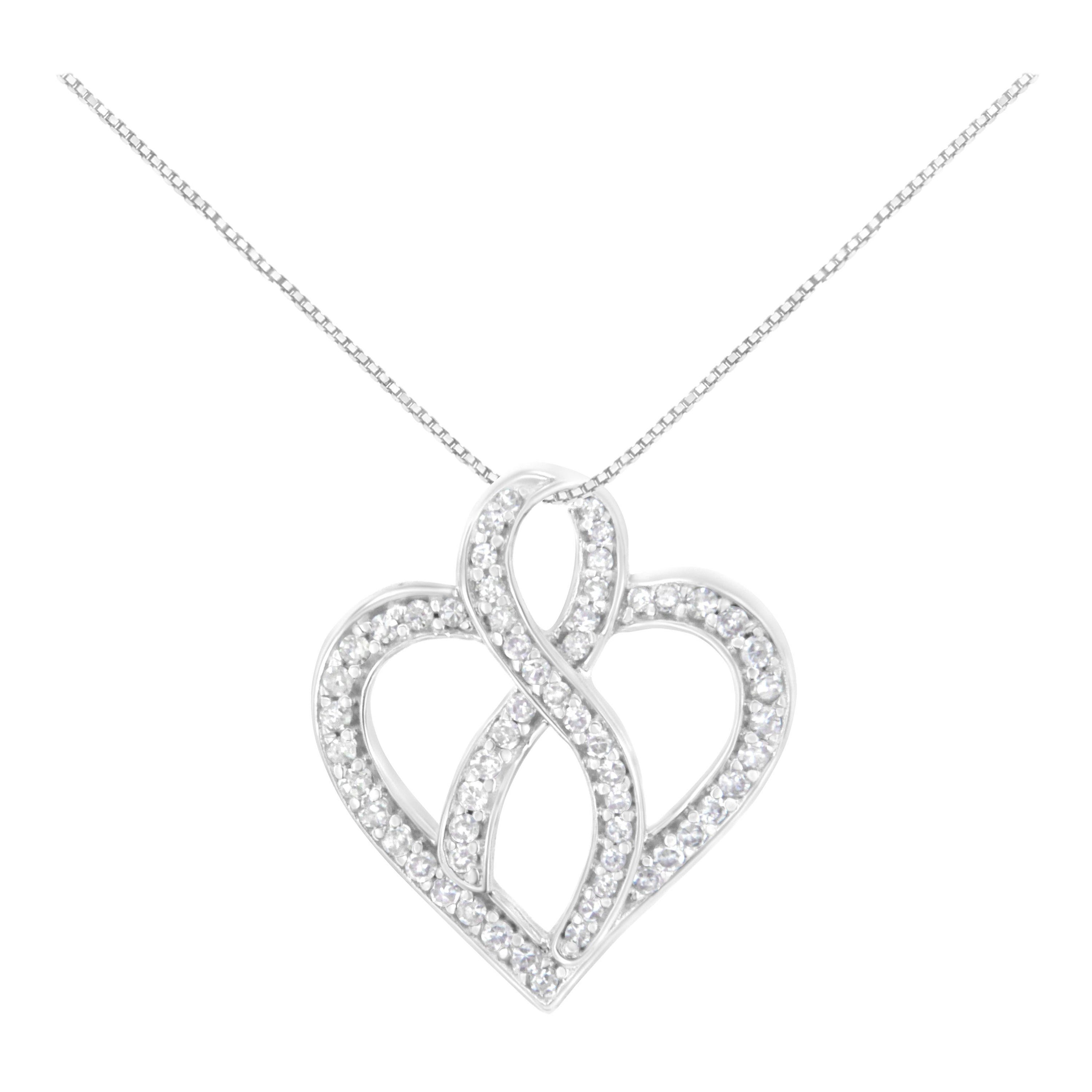 14K White Gold 1/4 Carat Round Diamond Heart and Ribbon Center Pendant Necklace For Sale