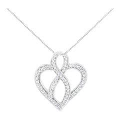 Collier pendentif en or blanc 14 carats avec cœur et ruban en forme de cœur et diamant rond de 1/4 carat