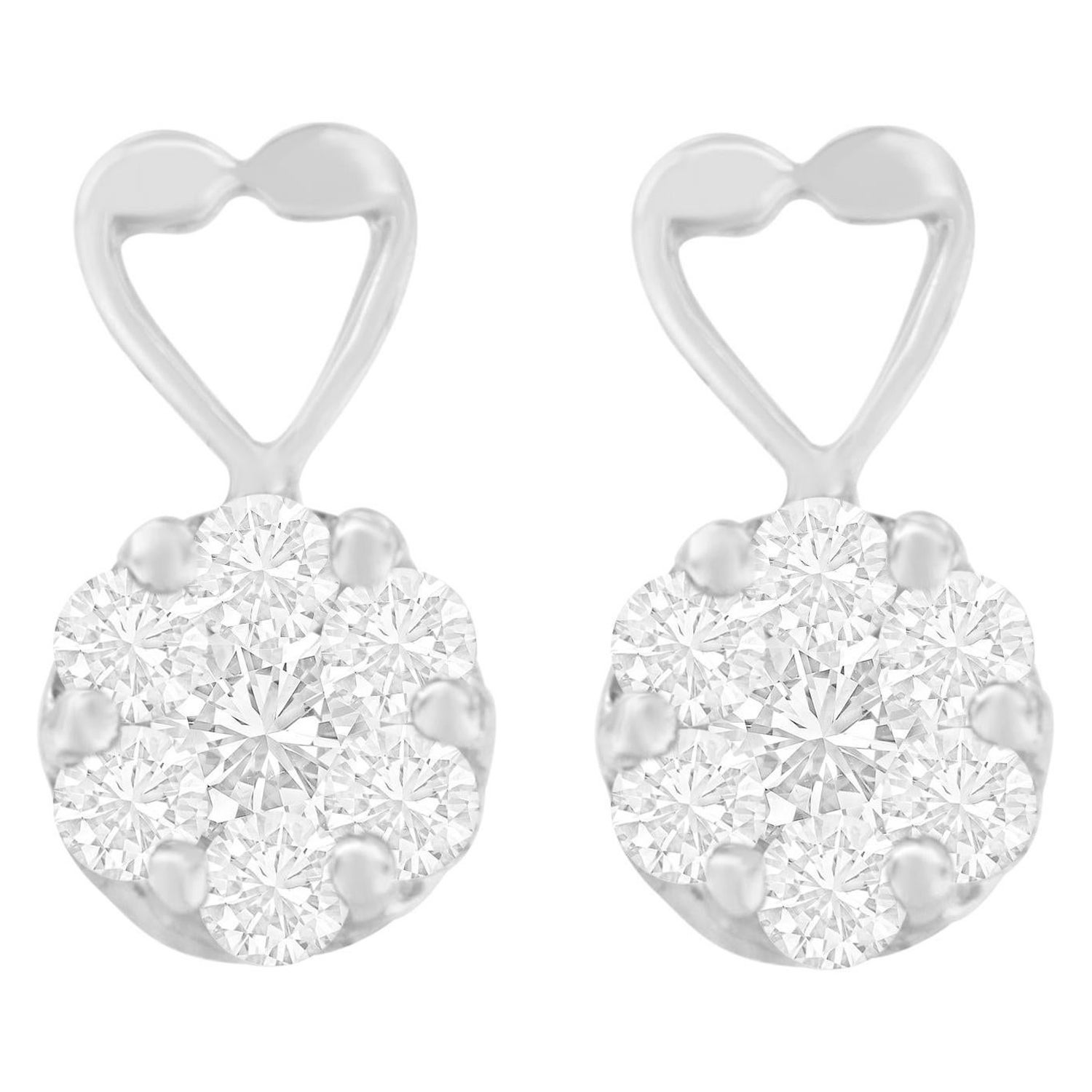Boucles d'oreilles en or blanc 14 carats avec cœurs en grappe de diamants taille ronde et diamants de 1 1/4 carat