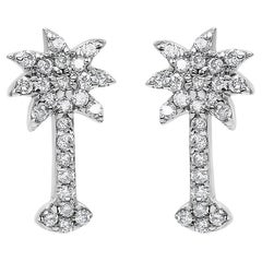 14K White Gold 1/4 Carat Diamond Palm Tree Push Back Stud Earrings