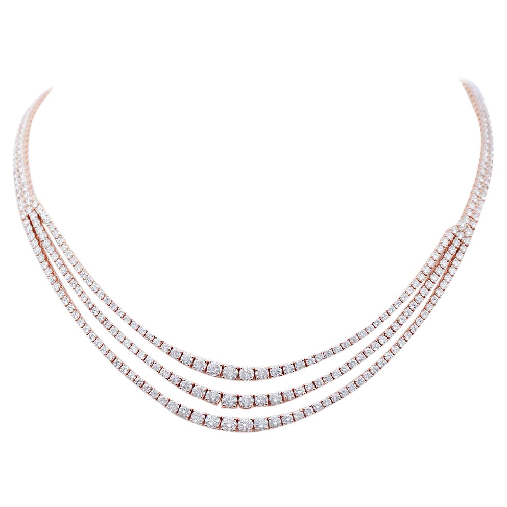 19.98 Carats Diamonds, 18 Karat Rose Gold Tennis Necklace For Sale