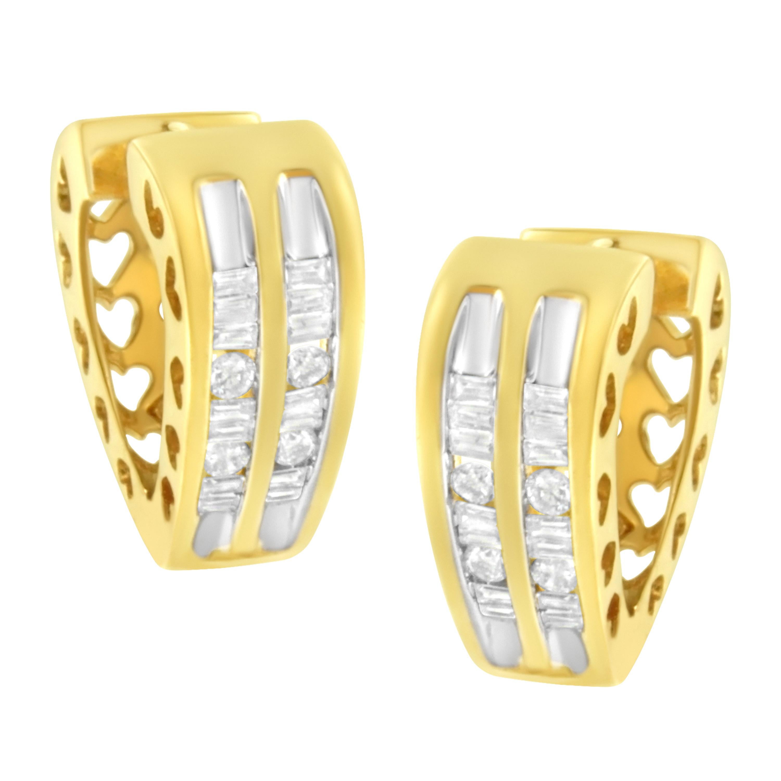 10K Yellow Gold 1/2 Carat Diamond Huggy Heart Hoop Earrings For Sale