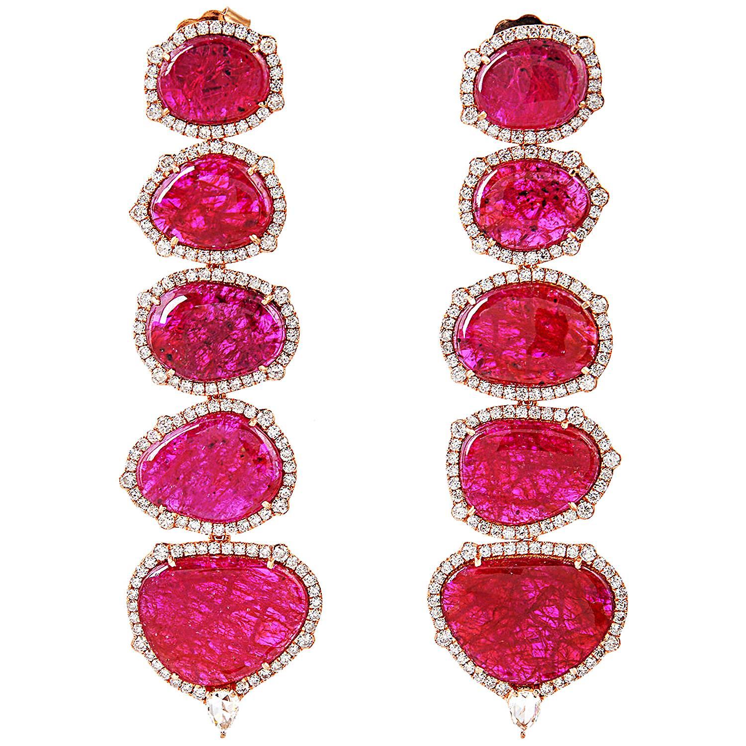 Sleek Enhanced Ruby Slice Diamond Gold Dangle Earrings