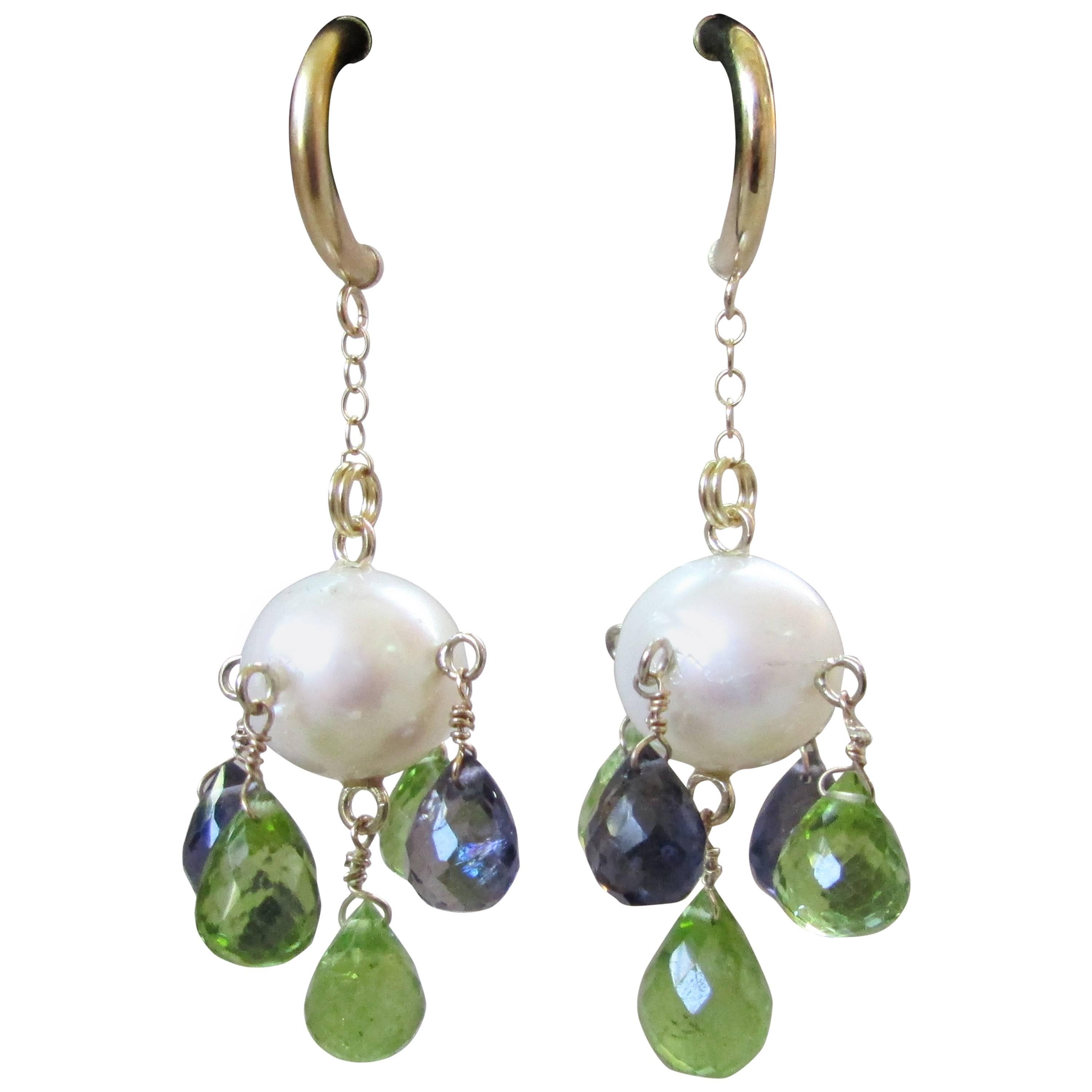 Marina J Pearl with Peridot and Iolite Briolettes Earrings with 14K Yellow Gold