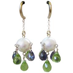 9mm Pearl with Peridot and Iolite Briolette Earrings 2