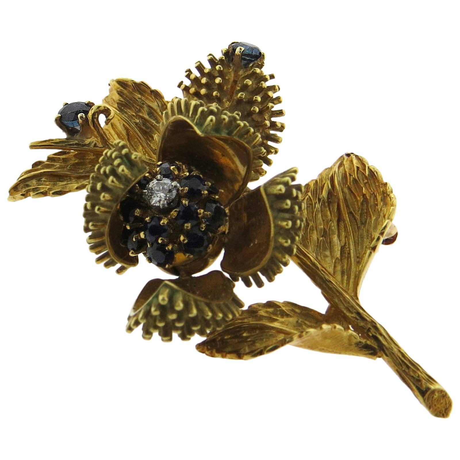 Tiffany & Co. Sapphire Diamond Gold Flower Movable Flower Brooch Pin