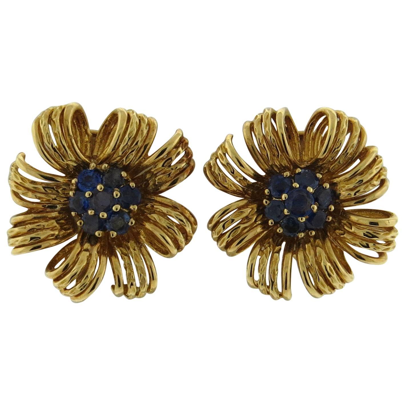 1960s Tiffany & Co. Large Sapphire Gold Flower Earrings