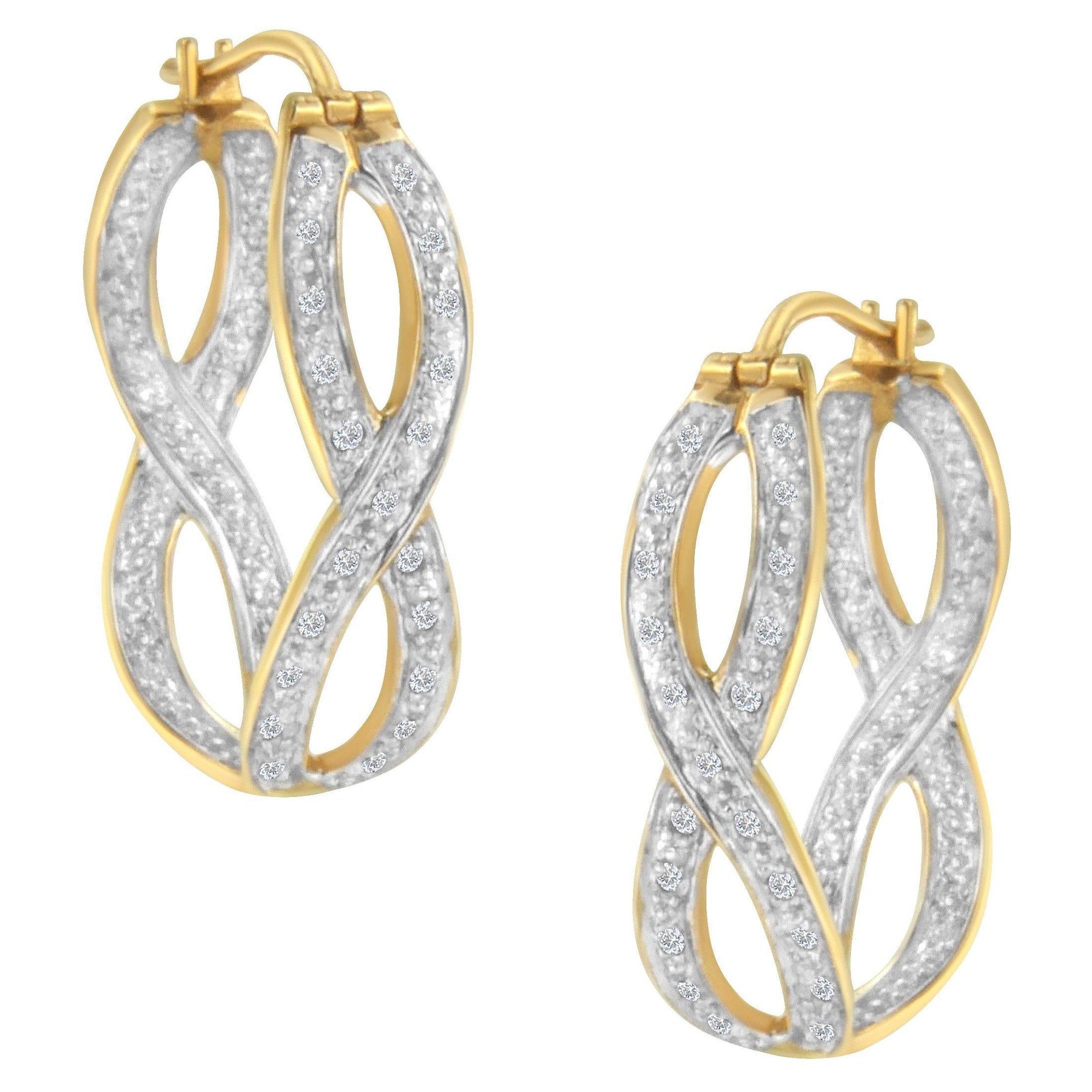 10K Yellow and White Gold 1/4 Carat Diamond Double Infinity Hoop Earrings For Sale