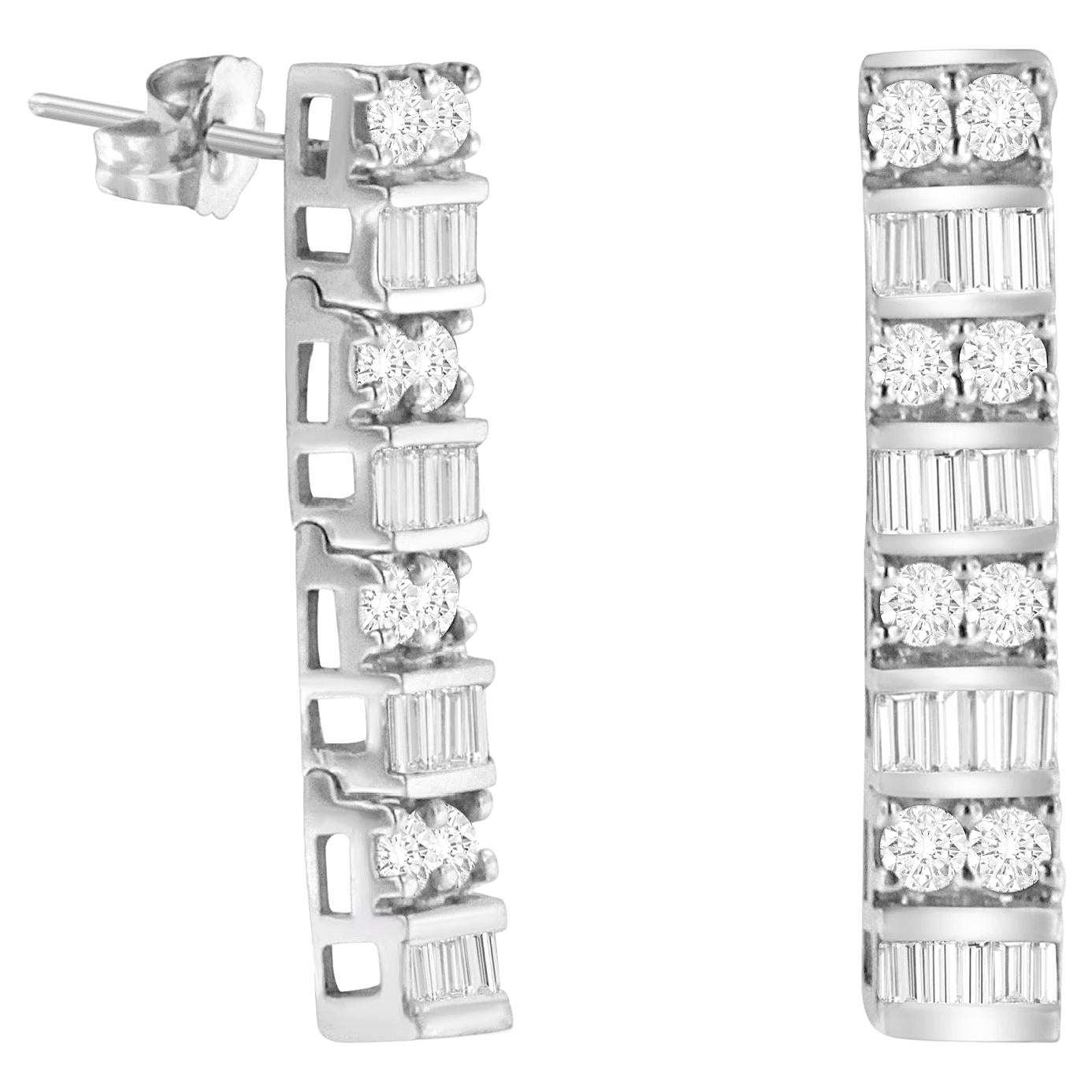 14K White Gold 1 1/3 Carat Round and Baguette-Cut Diamond Drop Stud Earrings For Sale