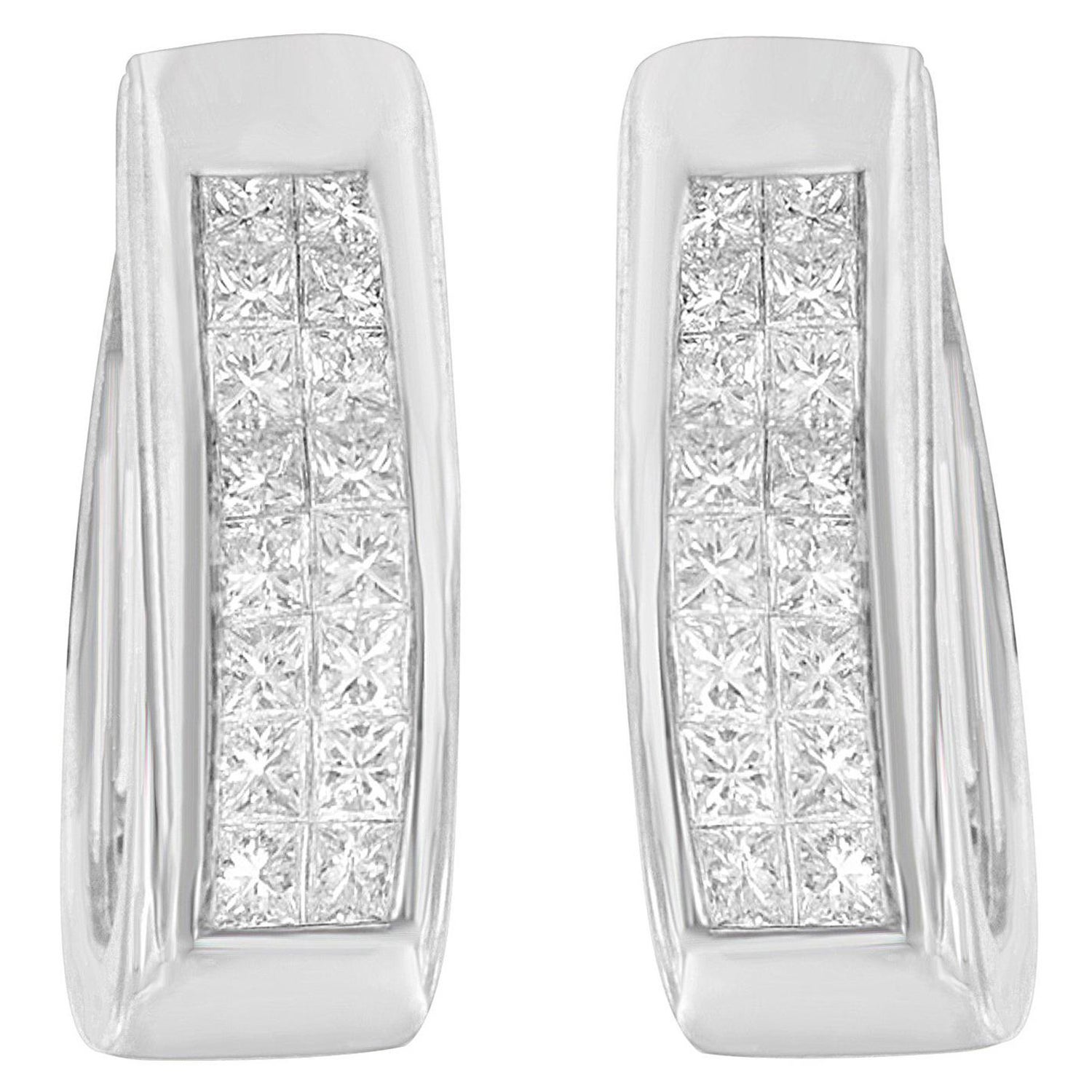 14k White Gold 1 1/10 Carat Princess-Cut Diamond Hoop Earrings For Sale