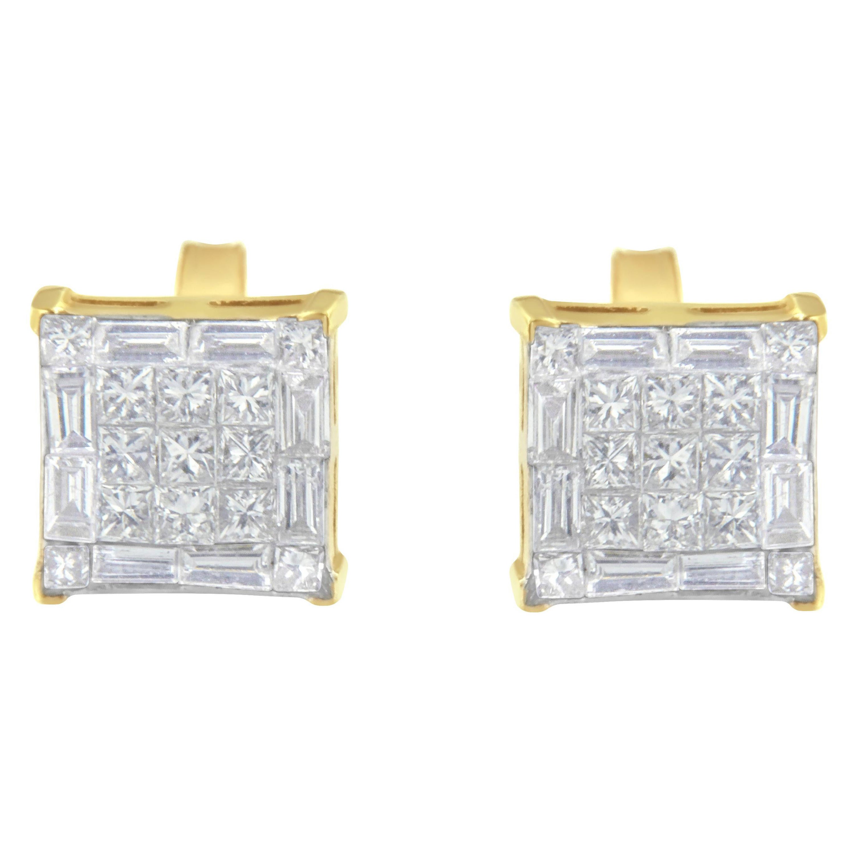10K Yellow Gold 1.0 Carat Princess Cut Diamond Stud Earrings For Sale