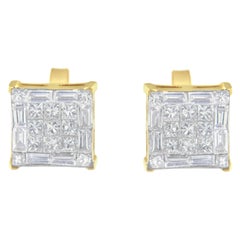 Clous d'oreilles en or jaune 10 carats avec diamants taille princesse de 1,0 carat