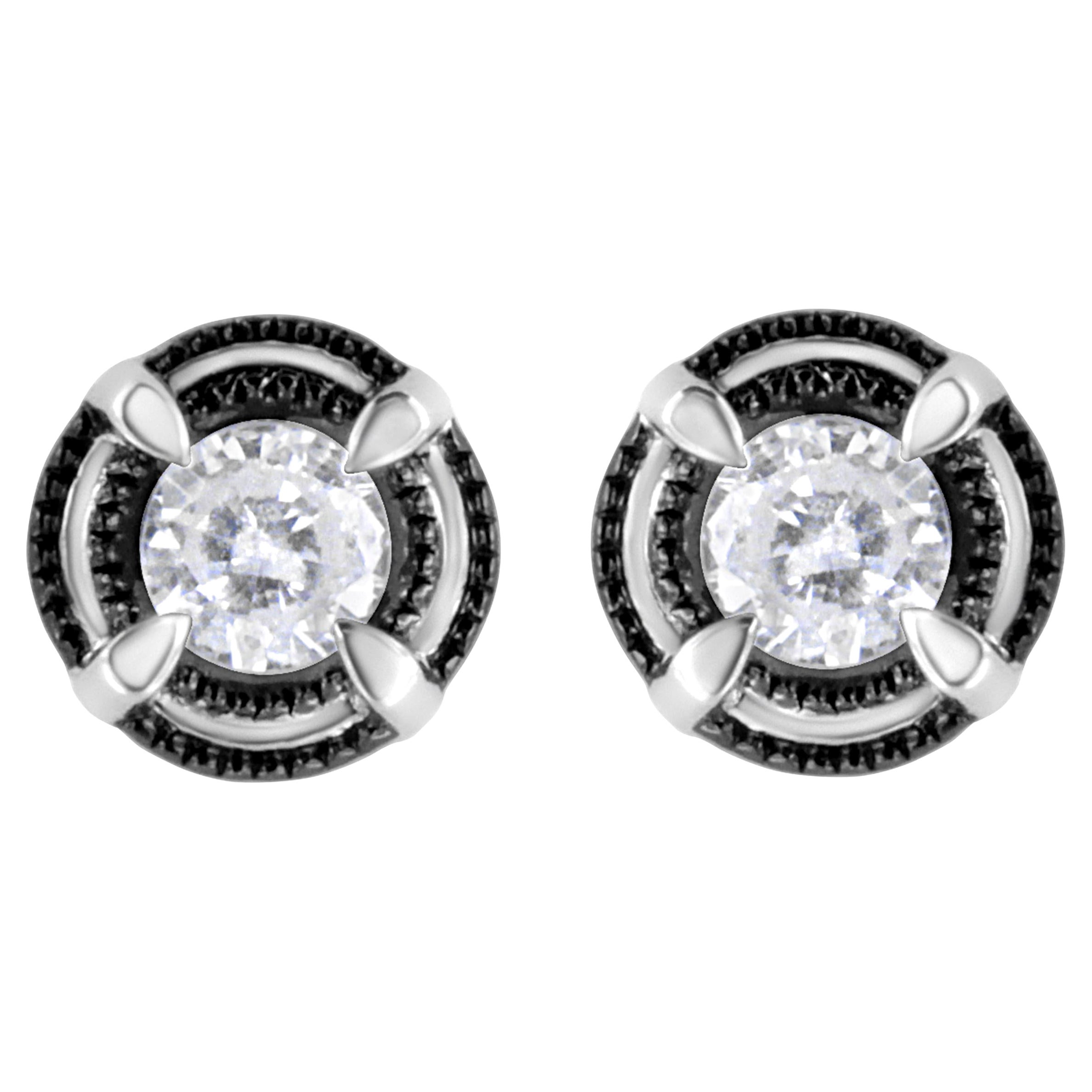 .925 Sterling Silver 1 1/2 Carat Diamond Solitaire Milgrain Stud Earrings For Sale