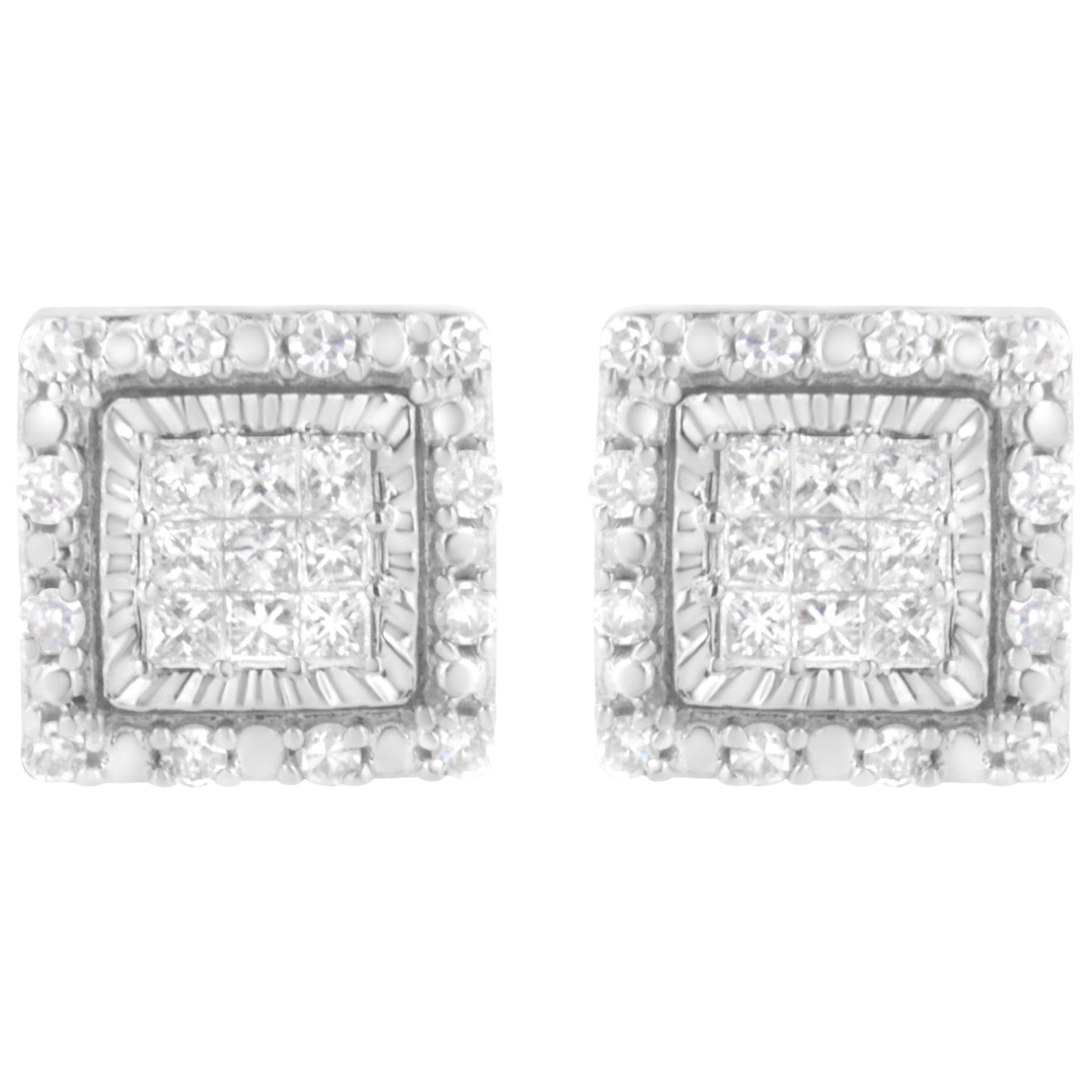 Boucles d'oreilles carrées en or blanc 10 carats serti invisible de 1/2 carat de diamants taille princesse