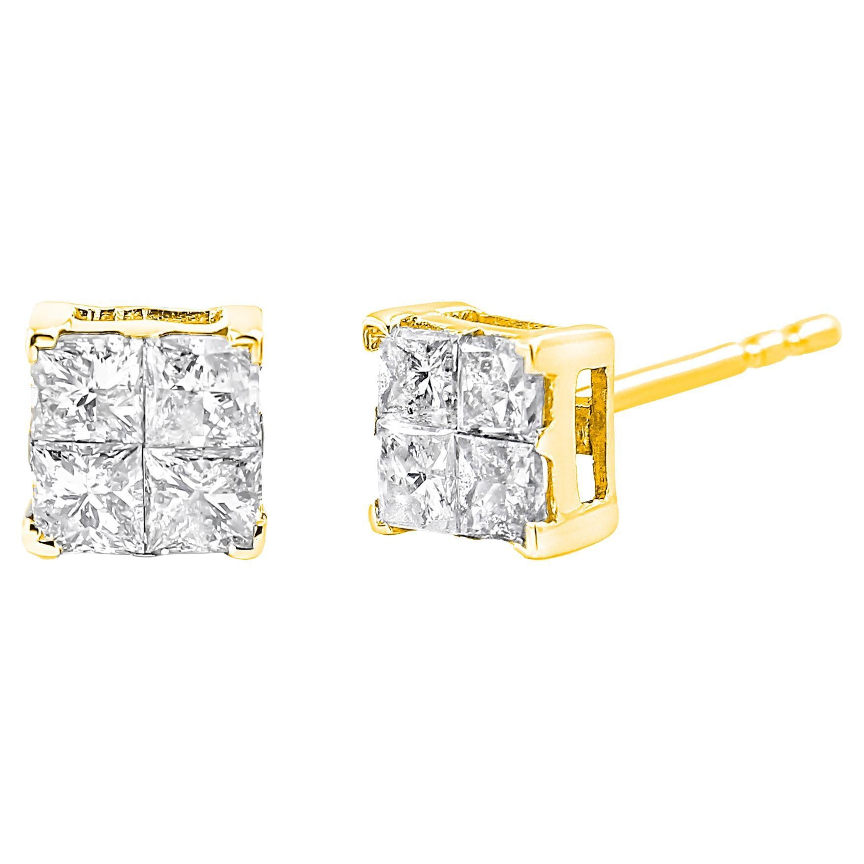 Yellow Gold Plated Sterling Silver 1.00 Carat Diamond Multi Stone Stud Earrings For Sale