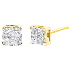 Yellow Gold Plated Sterling Silver 1.00 Carat Diamond Multi Stone Stud Earrings