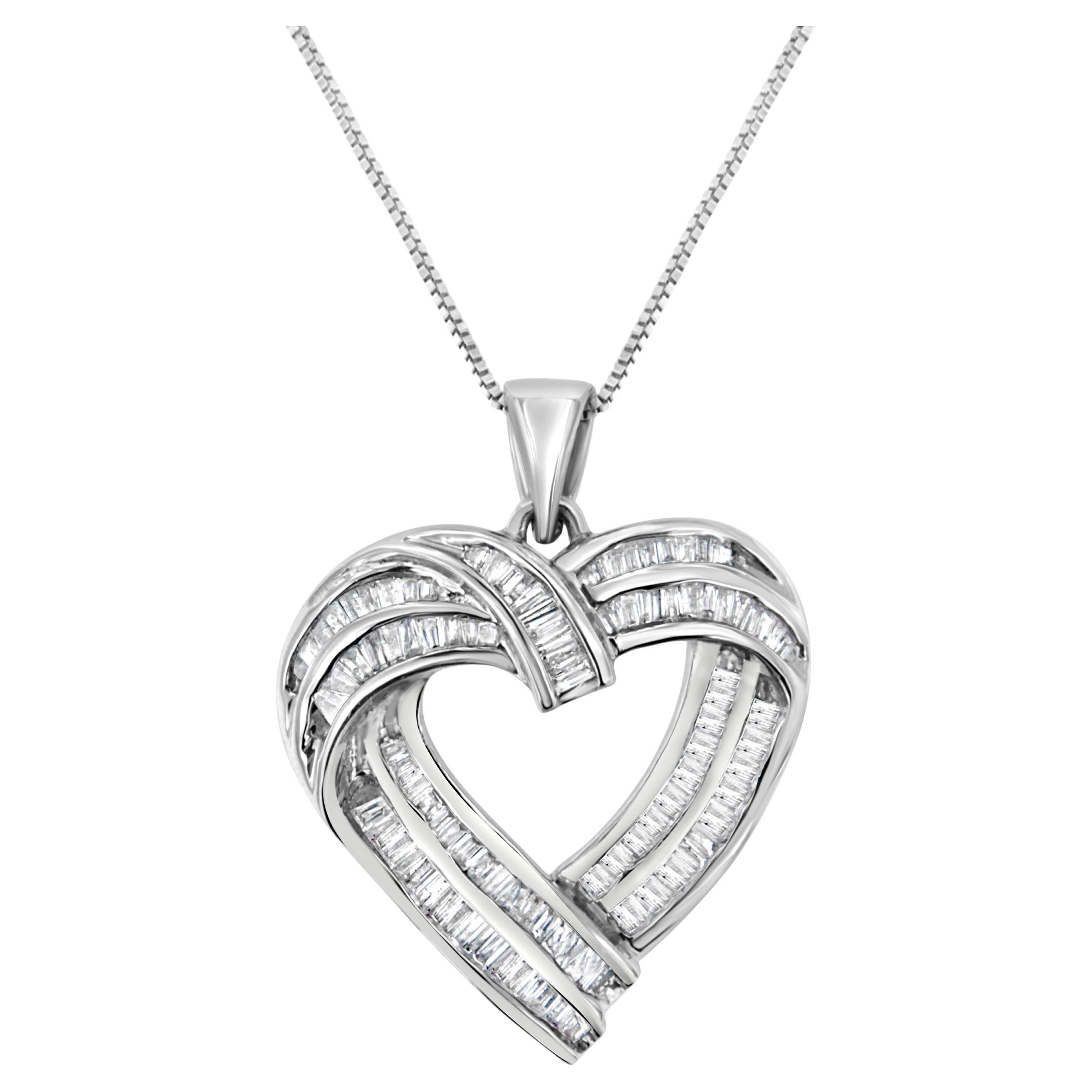 .925 Sterling Silver 7/8 Carat Baguette Diamond Heart Pendant Necklace