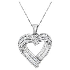 .925 Sterling Silver 7/8 Carat Baguette Diamond Heart Pendant Necklace