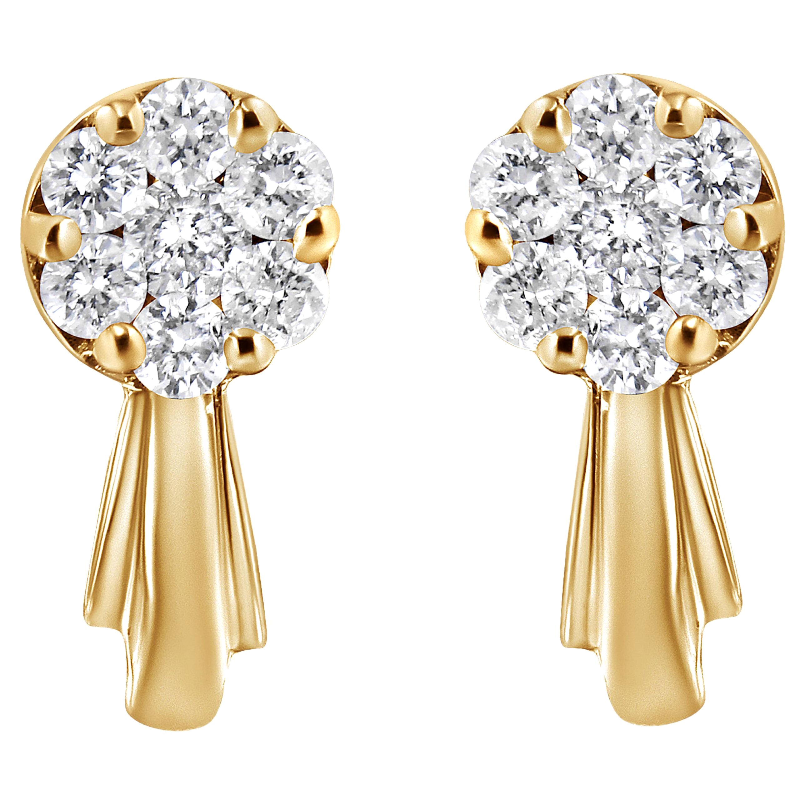 14K Yellow Gold 3/4 Carat Diamond Floral Cluster Drop and Dangle Stud Earrings For Sale