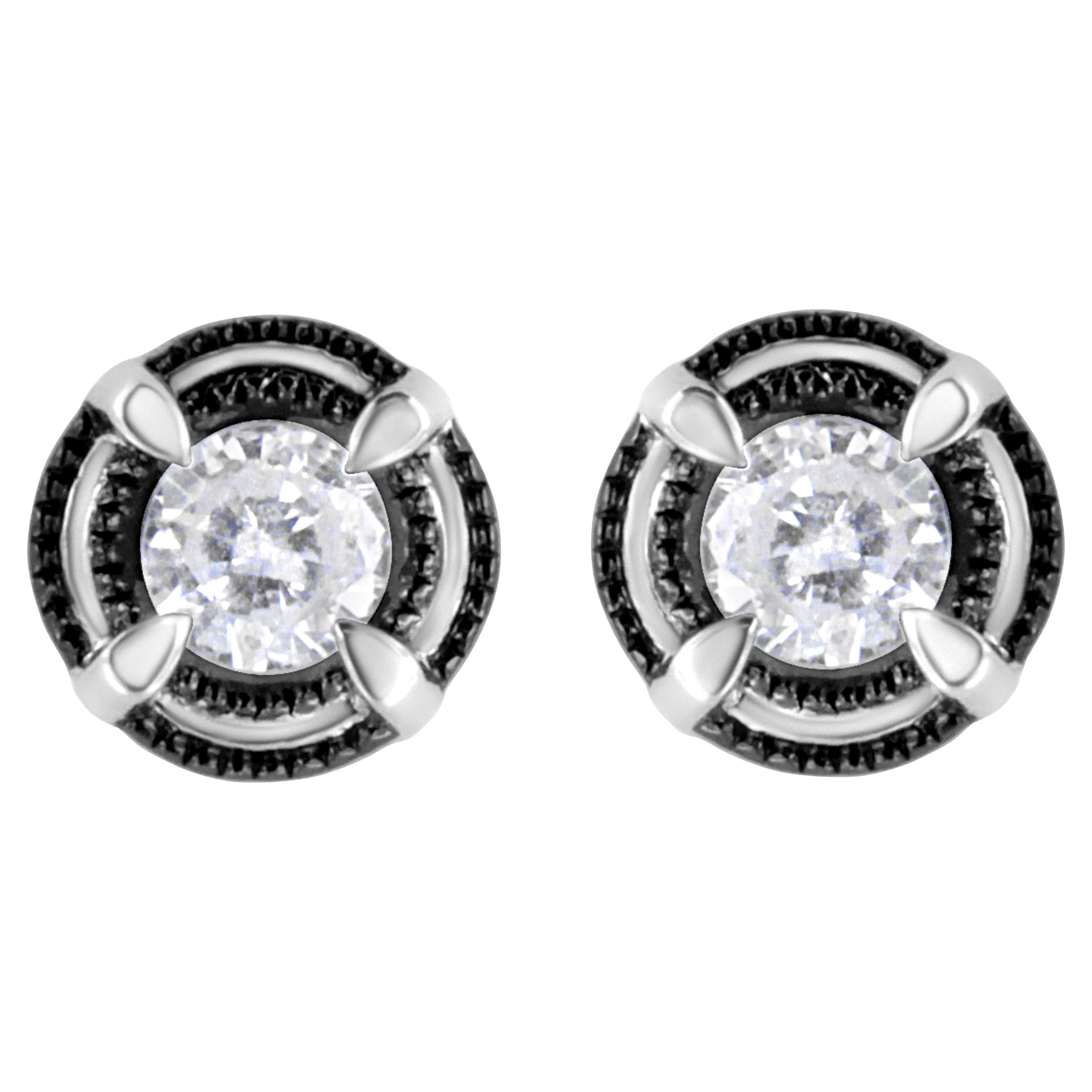 .925 Sterling Silver 1.0 Carat Diamond Solitaire Milgrain Stud Earrings For Sale
