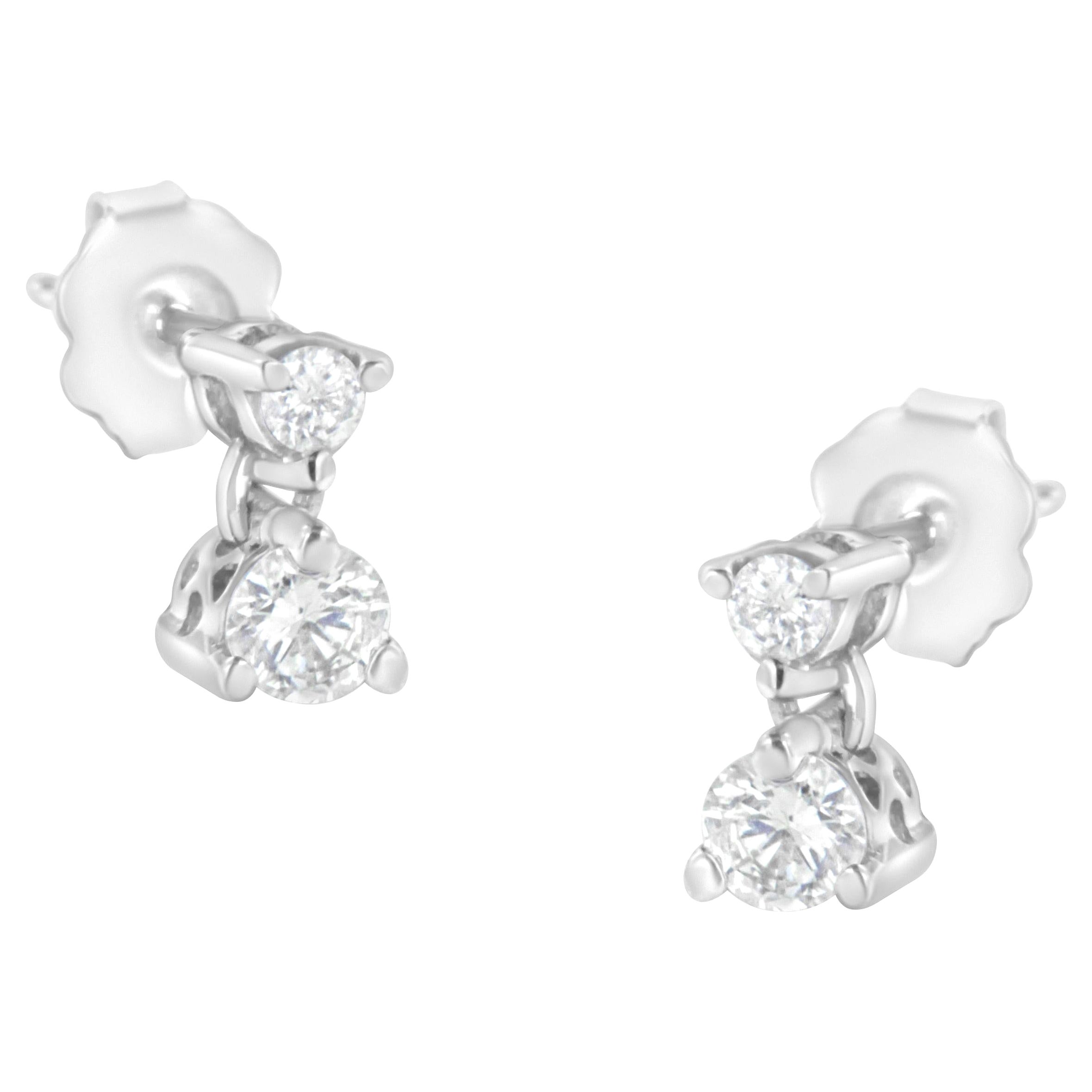 14K White Gold 1/2 Carat Double Diamond Dangle Stud Earrings For Sale