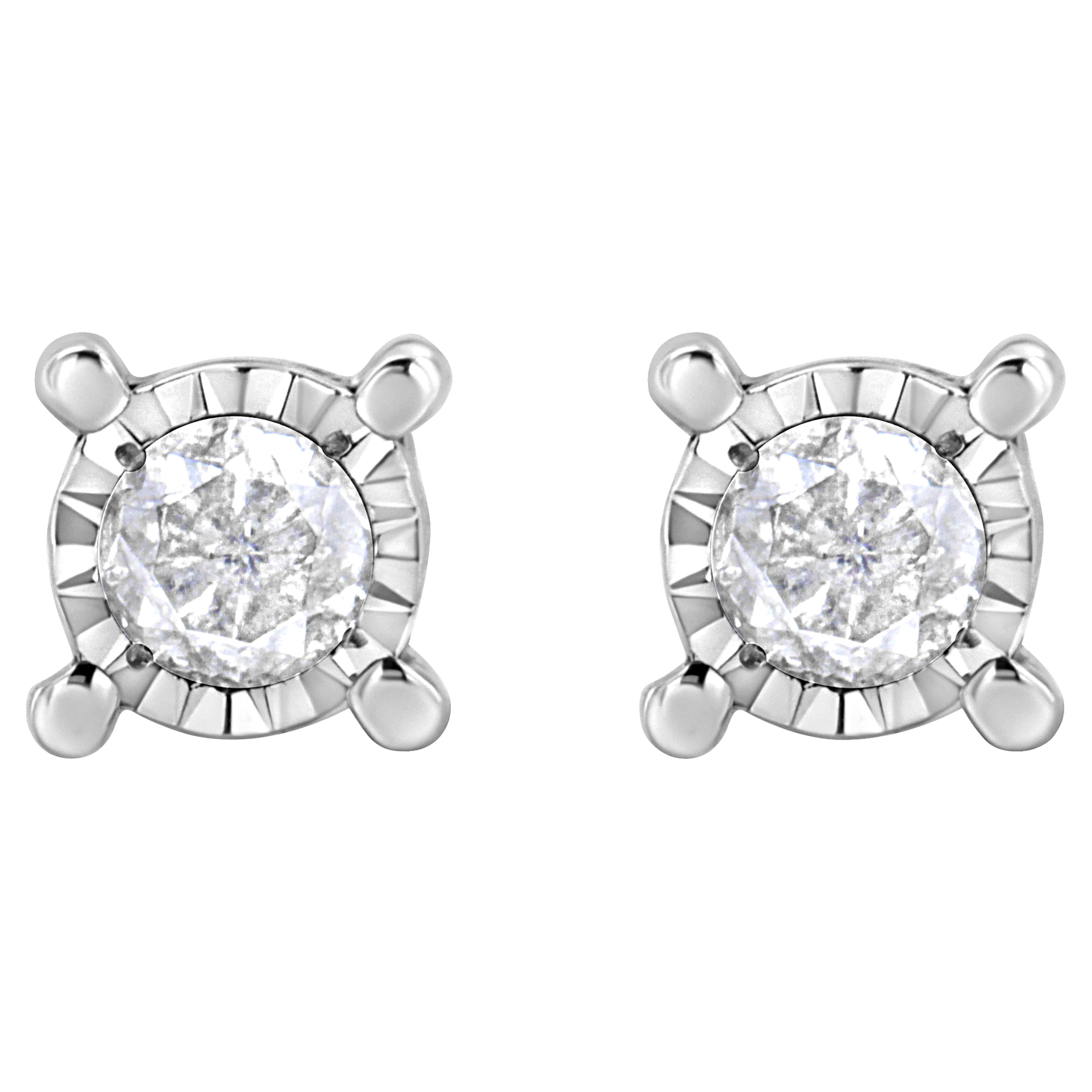 .925 Sterling Silver 1.0 Carat Round-Cut Diamond Solitaire Stud Earrings For Sale