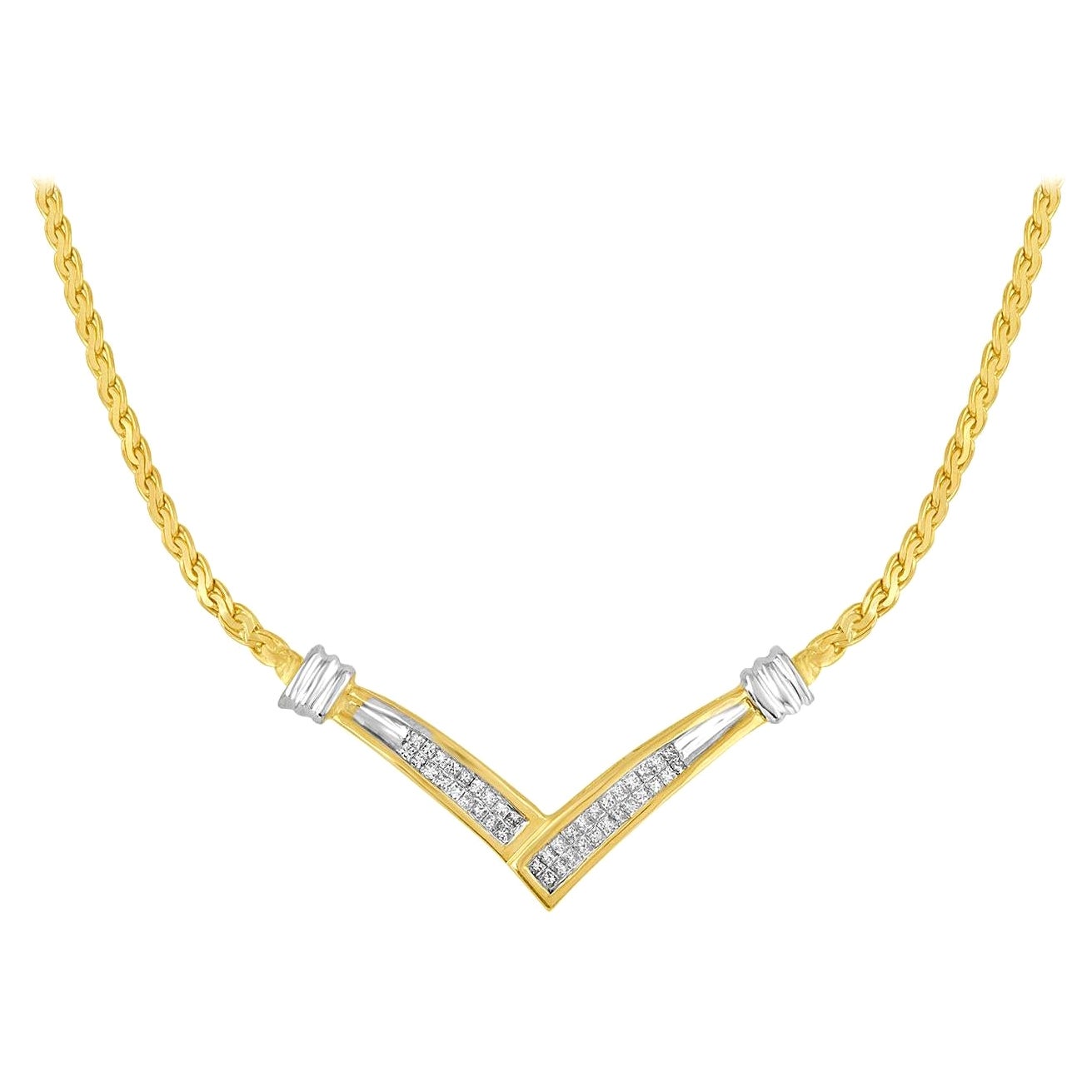 10k Yellow and White Gold 1/2 Carat Diamond "V" Shape Necklace For Sale
