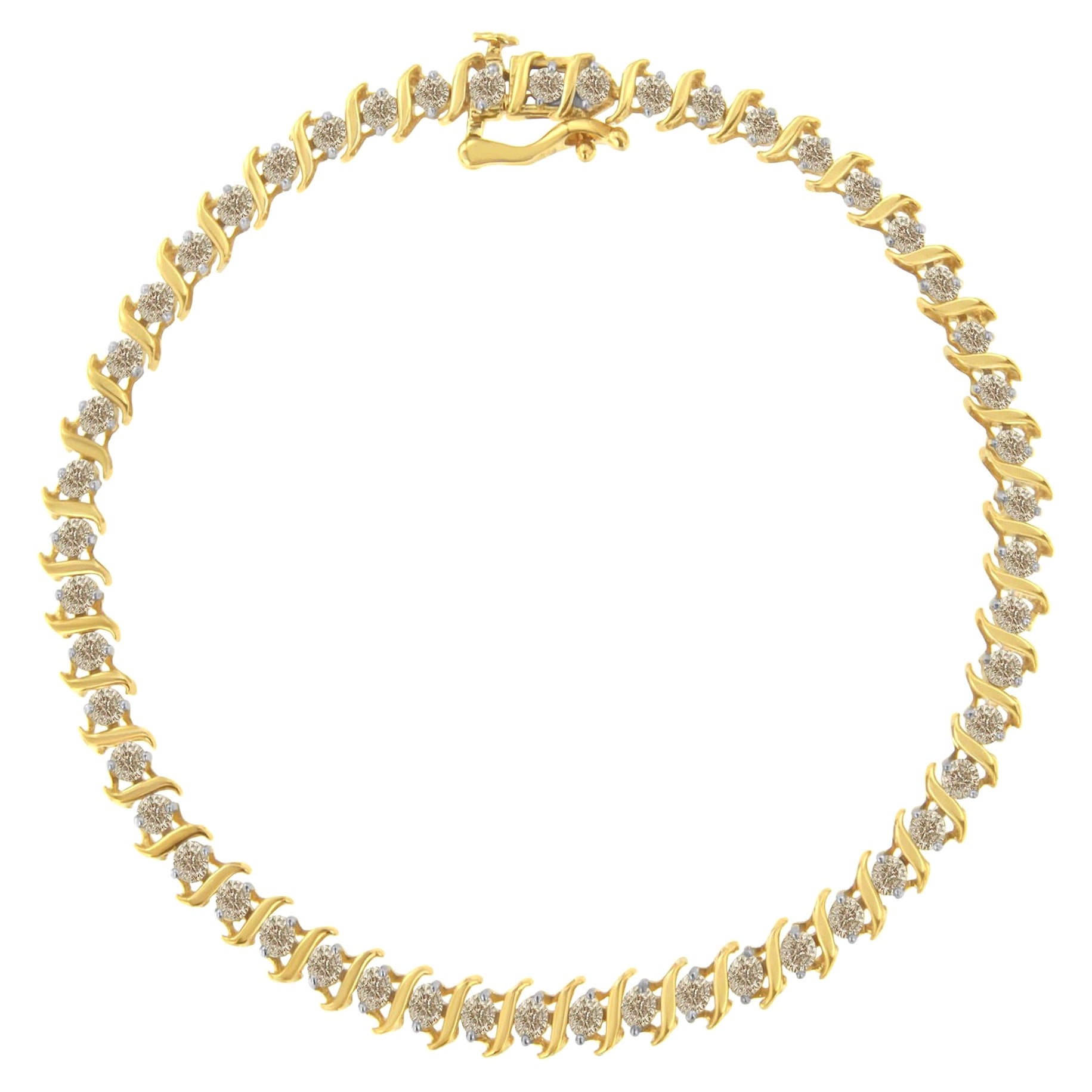 10K Yellow Gold 2.0 Carat Diamond Alternating Wave & Round Link Tennis Bracelet For Sale