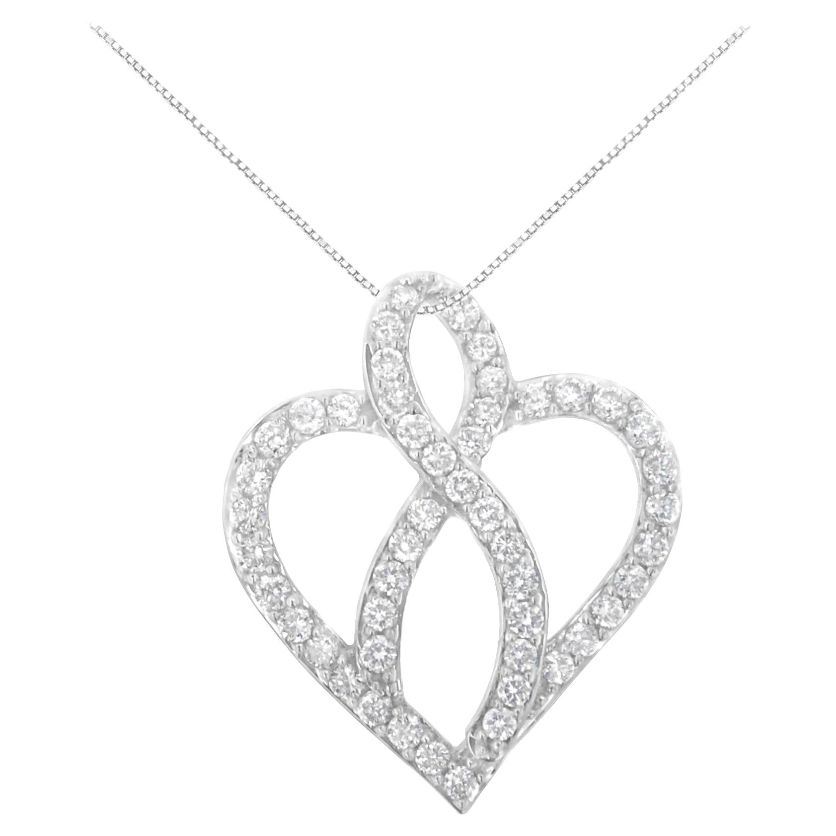 14K White Gold 1.0 Carat Diamond Heart Ribbon Pendant Necklace For Sale