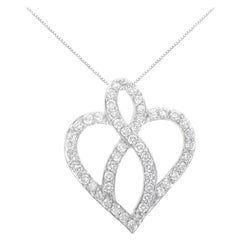 Collier pendentif en or blanc 14 carats avec ruban en forme de cœur et diamants de 1,0 carat