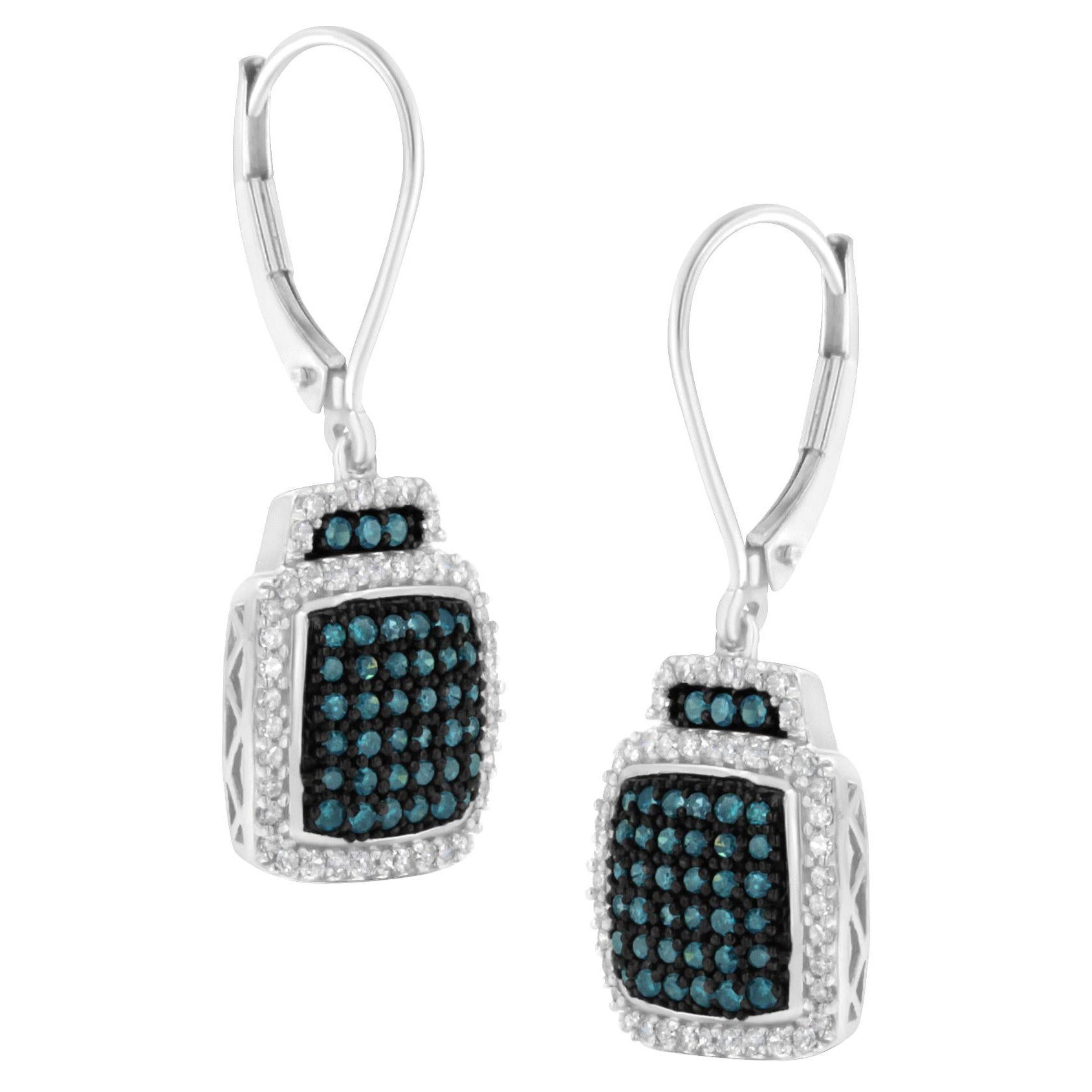 Boucles d'oreilles pendantes en argent 925 avec diamant bleu de 3/4 carat traité dans la couleur en vente