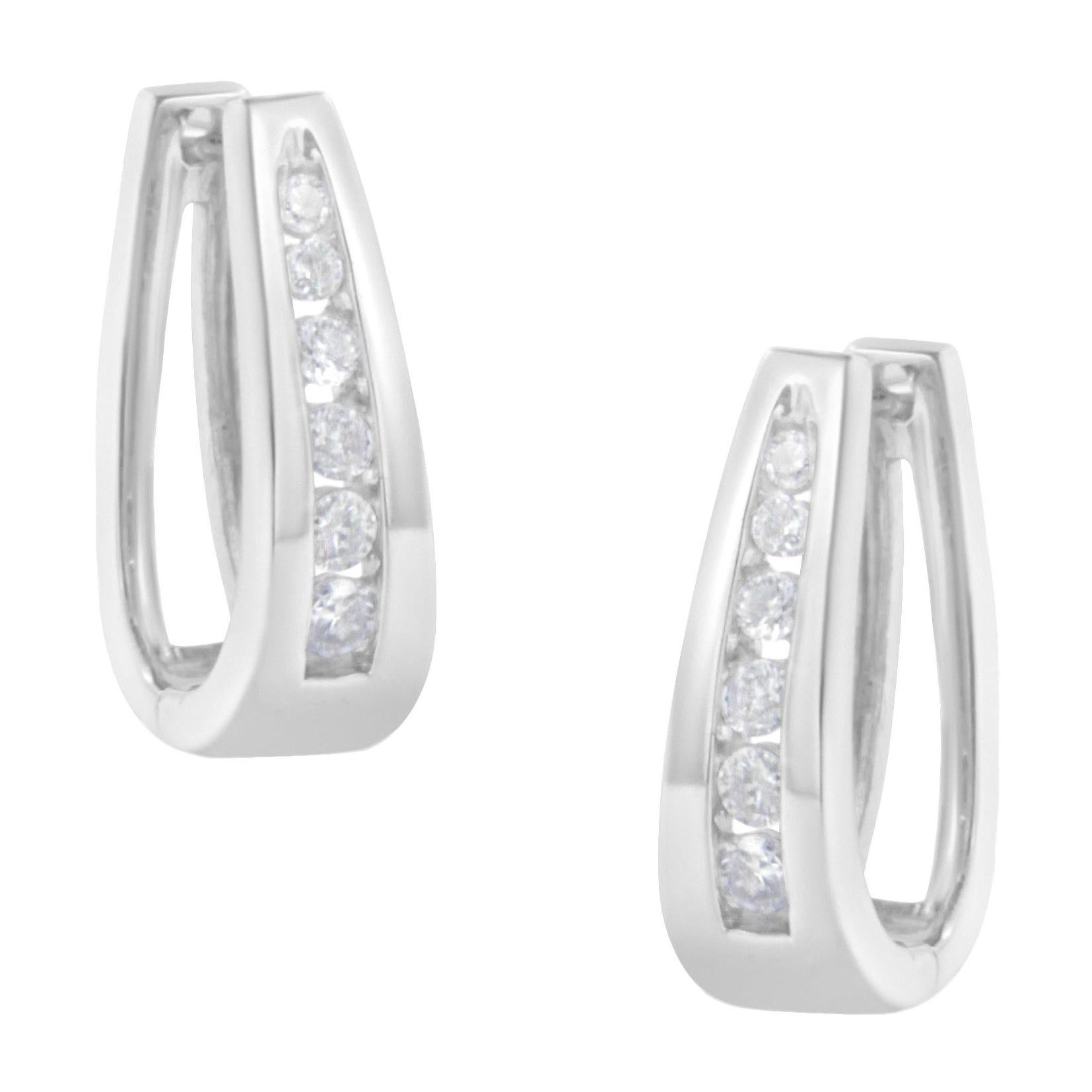 14k White Gold 1/4 Carat Channel-Set Brilliant Round-Cut Diamond Hoop Earrings For Sale