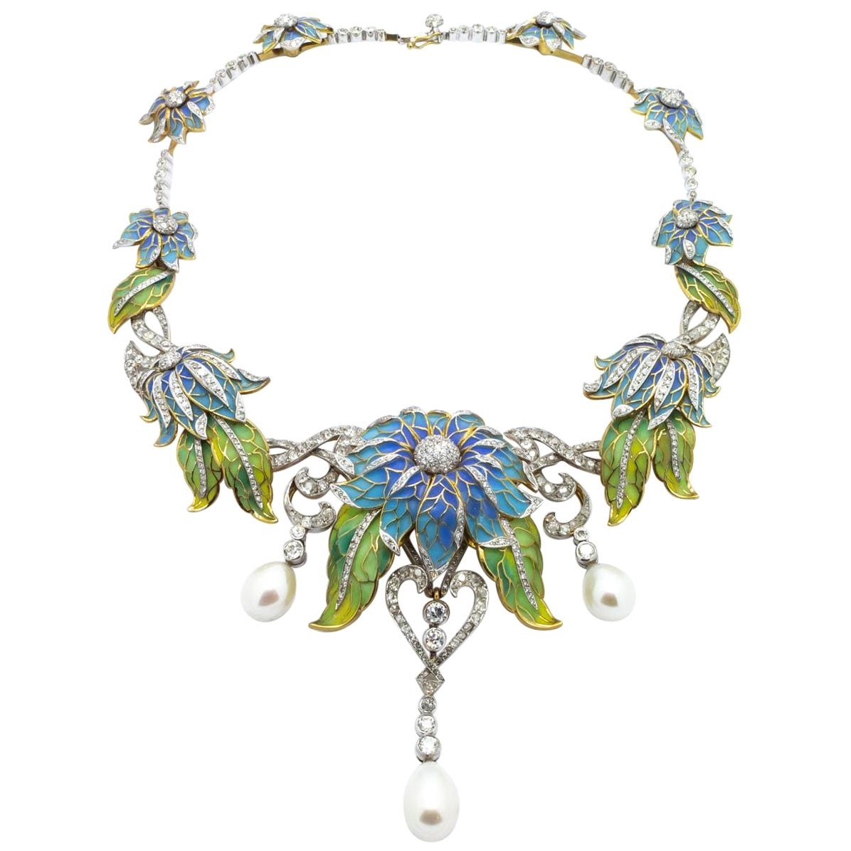 Plique-à-jour Enamel, Pearl and Diamond Flower Necklace For Sale