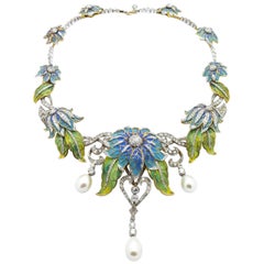 Plique-à-jour Enamel, Pearl and Diamond Flower Necklace