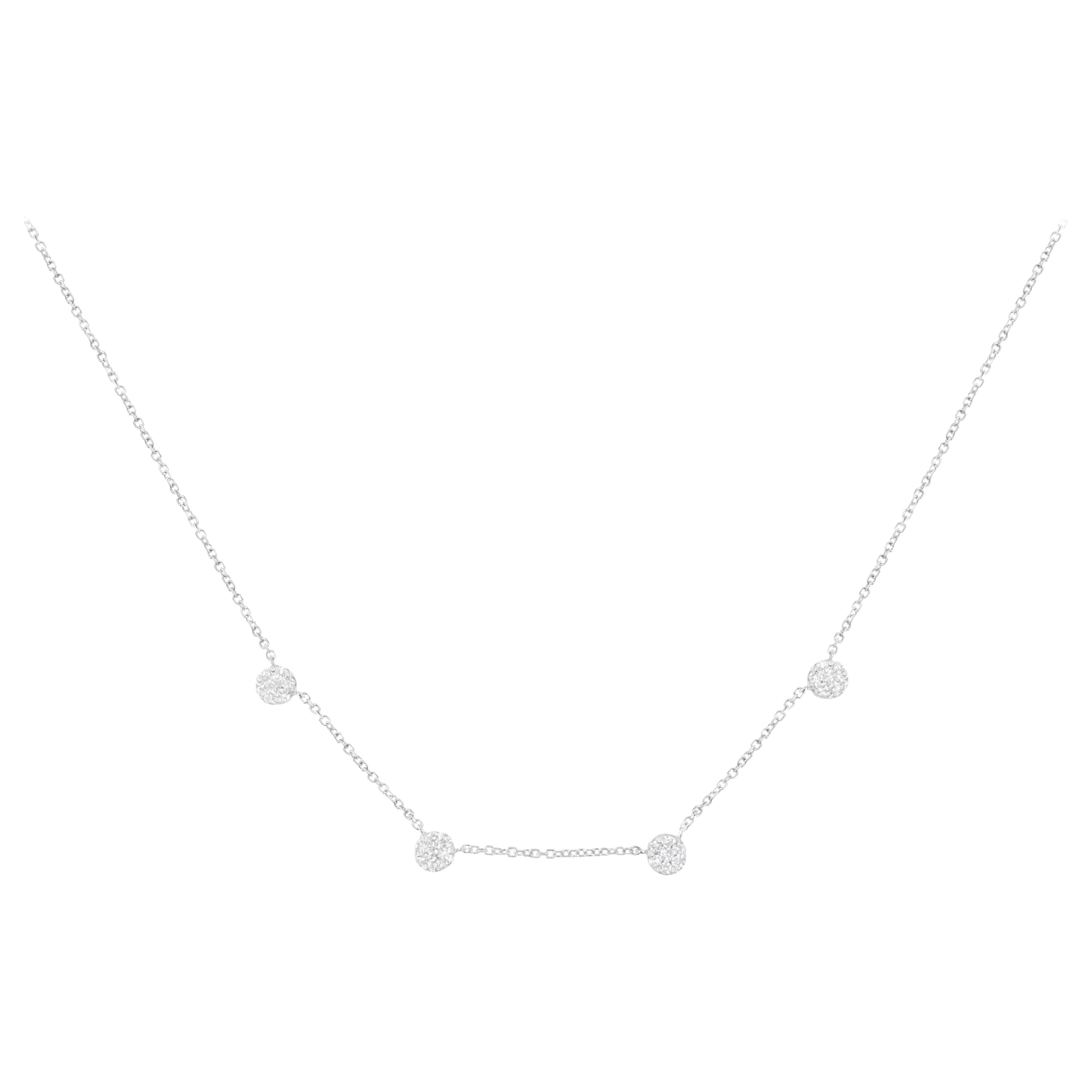 14K White Gold 1 1/10 Carat Diamond Floral Cluster 4 Station Adjustable Necklace