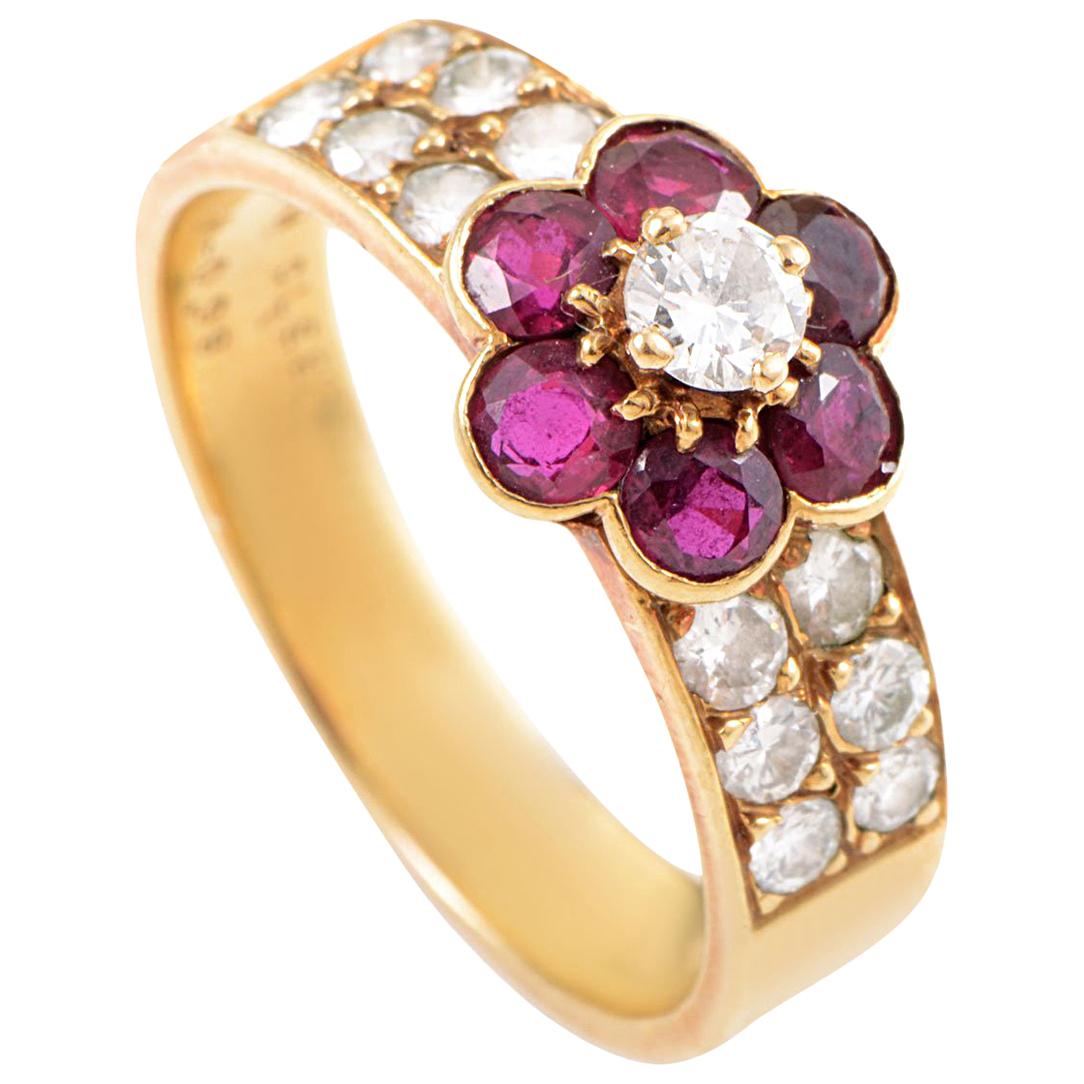 Van Cleef & Arpels Ruby Diamond Gold Flower Ring