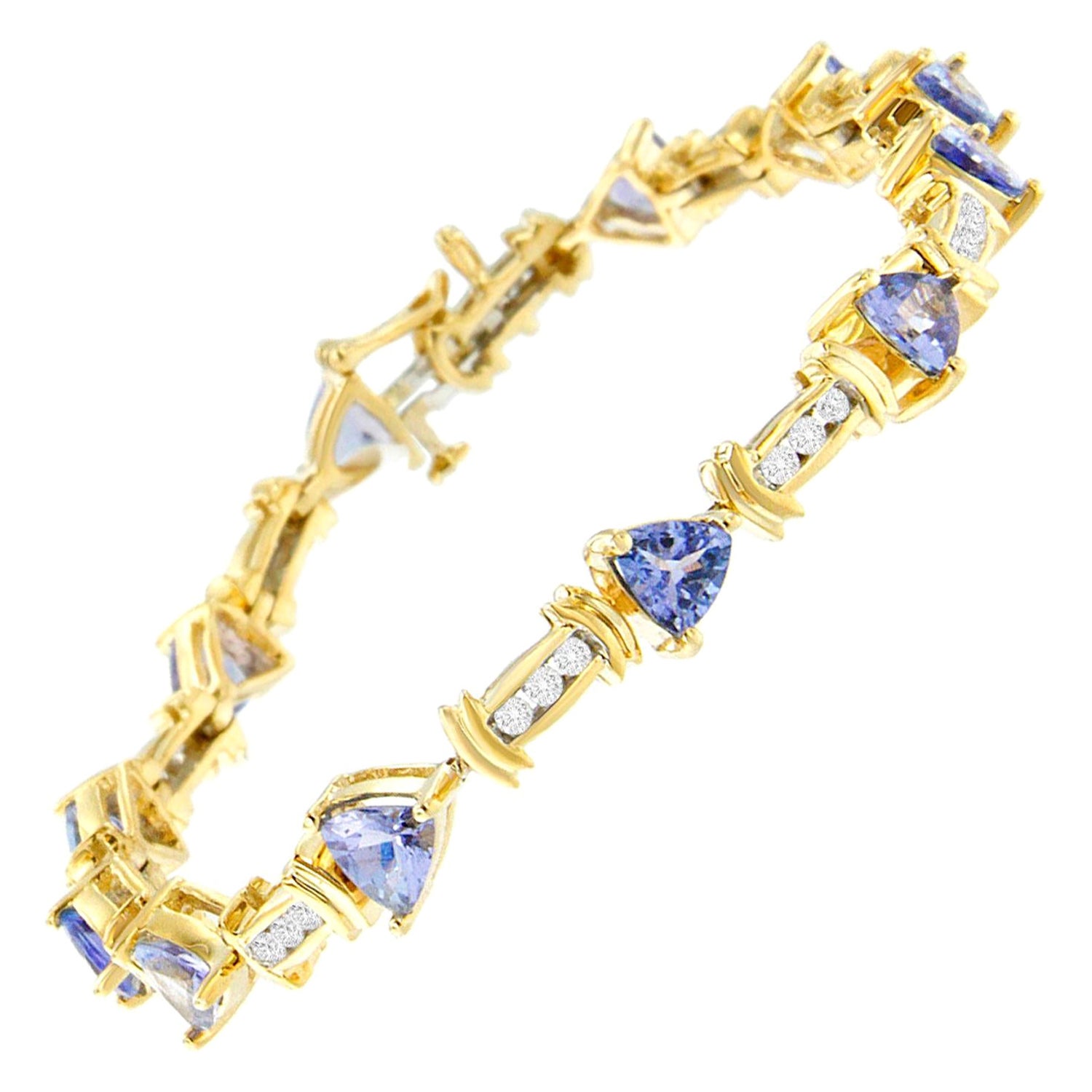 14K Yellow Gold 3/5 Carat Round-Cut Diamond and Blue Triangle Tanzanite Bracelet For Sale